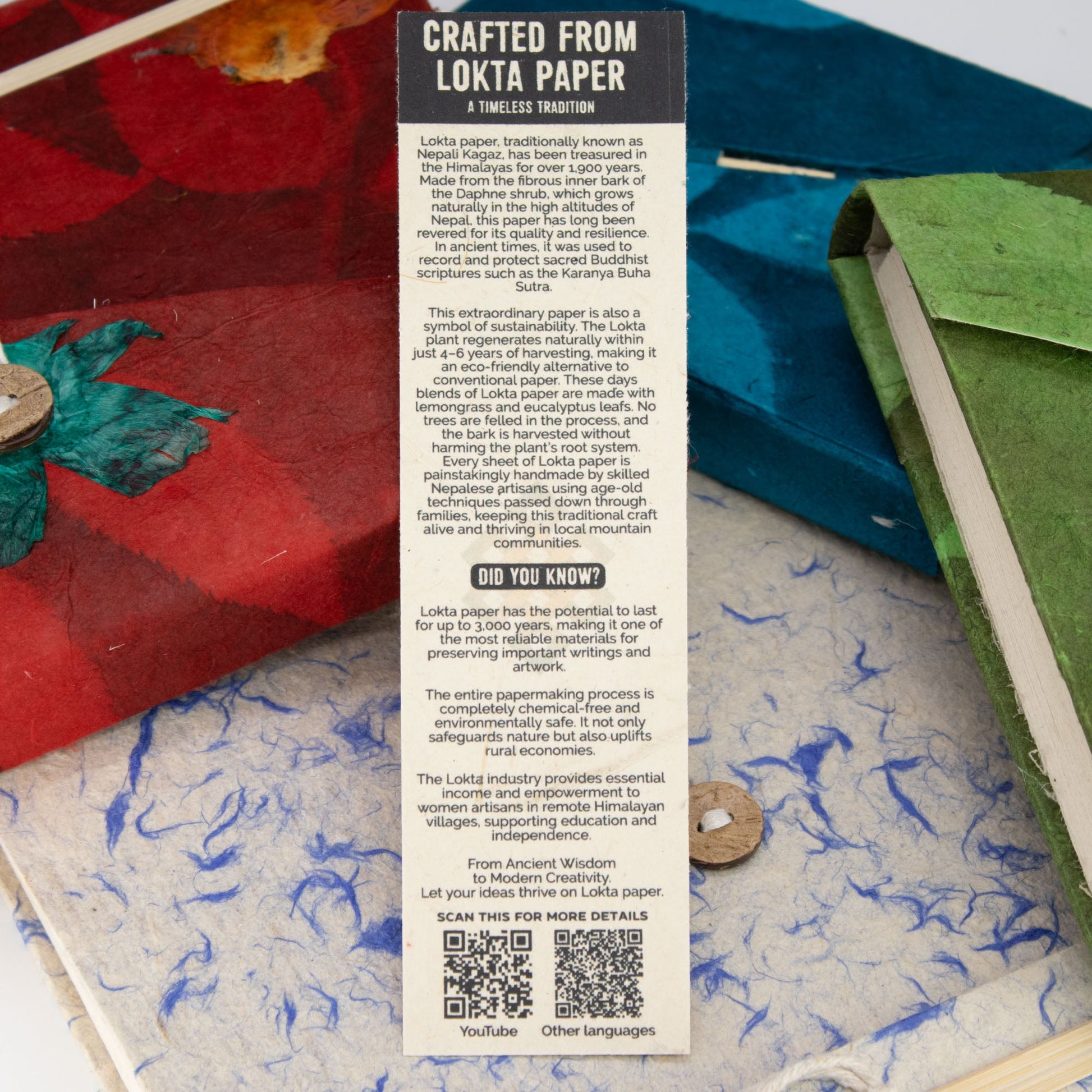 A5 Lokta Paper Notebook & Bookmark - Mixed Colour Cotton, with a tall information card and two QR codes on blue-flecked paper, by Quintessential Holistic Health Ltd