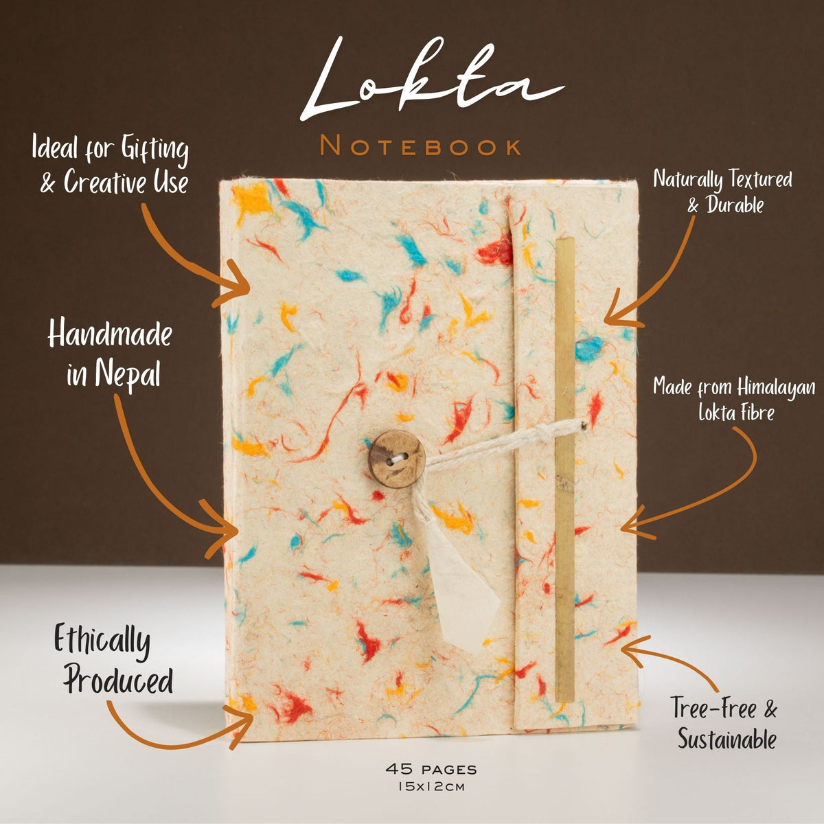Eco-Friendly Lokta Paper Notebook - A6 - Mixed Colour Cotton, shown with handwritten feature callouts around its colourful cover by Quintessential Holistic Health Ltd
