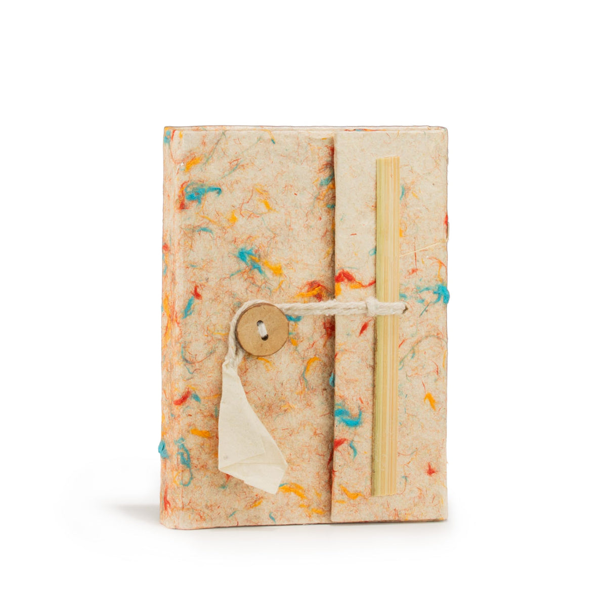 Pocket Eco-Friendly Lokta Paper Notebook - Mixed Colour Cotton, cream cover with orange and green fibres, wooden toggle and cord tie by Quintessential Holistic Health Ltd