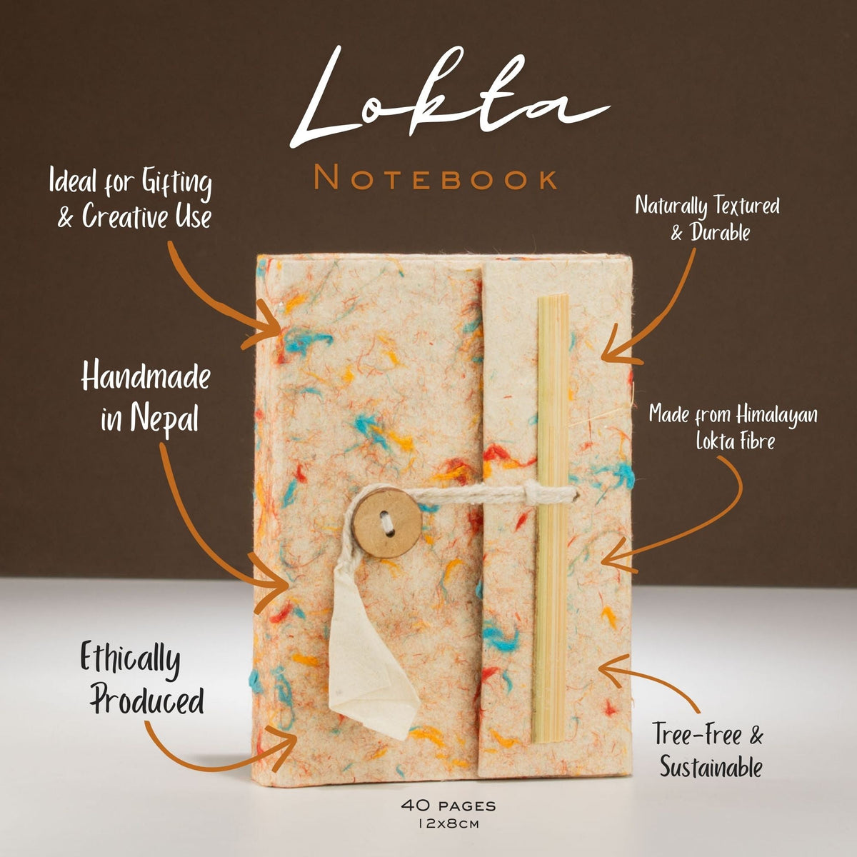 Pocket Eco-Friendly Lokta Paper Notebook - Mixed Colour Cotton, multicoloured-flecked notebook with handwritten feature annotations by Quintessential Holistic Health Ltd