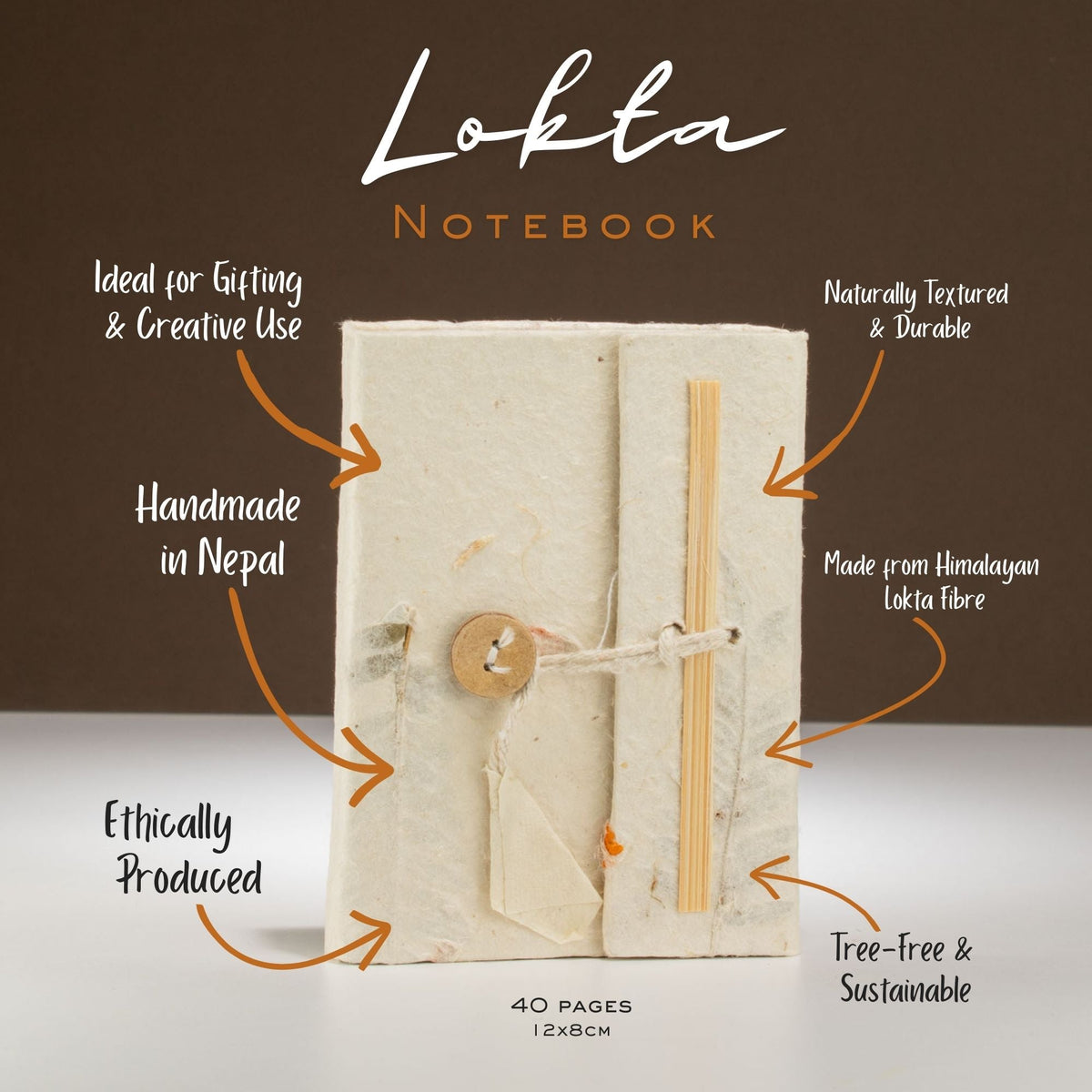 Pocket Eco-Friendly Lokta Paper Notebook - Mixed Flowers, pale notebook with toggle closure and handwritten feature annotations by Quintessential Holistic Health Ltd