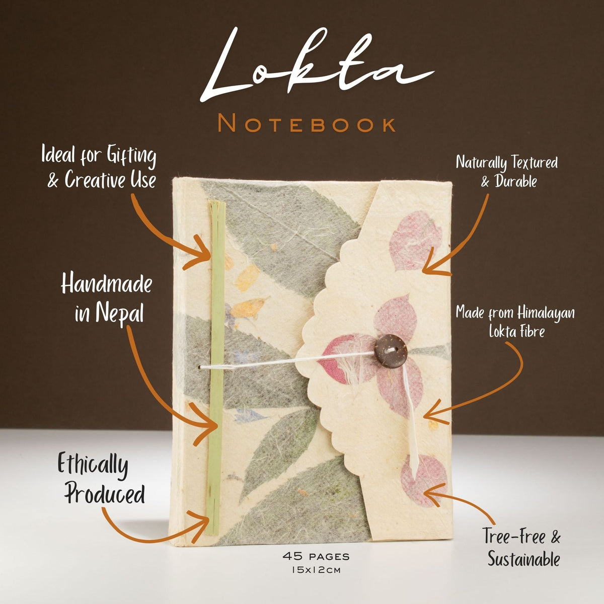 Eco-Friendly Lokta Paper Notebook - A6 - Bougainvillea, shown with handwritten feature callouts around its floral cover by Quintessential Holistic Health Ltd