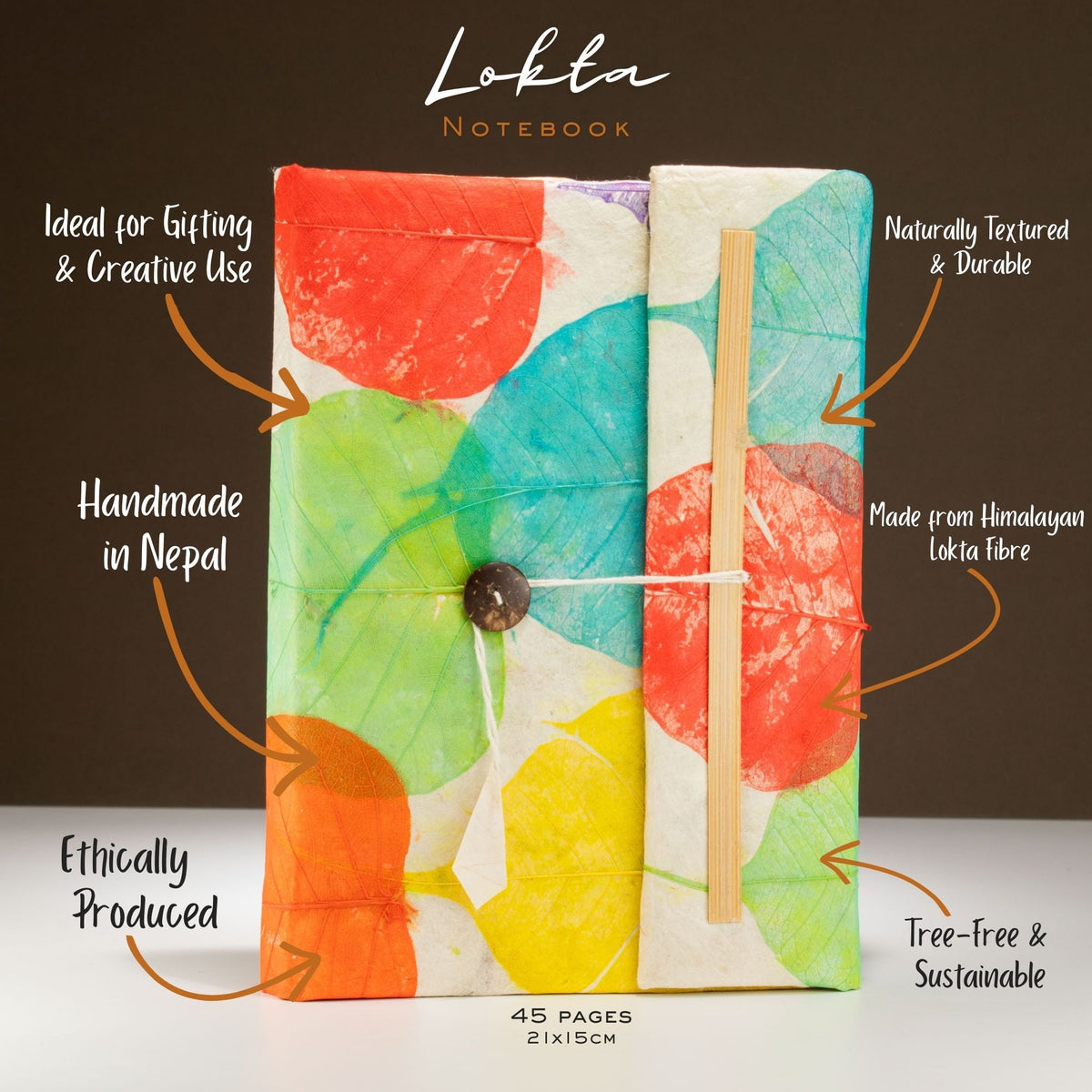 Eco-Friendly Lokta Paper Notebook - A5 - Colourful Leaves shown with handwritten feature annotations around the cover by Quintessential Holistic Health Ltd