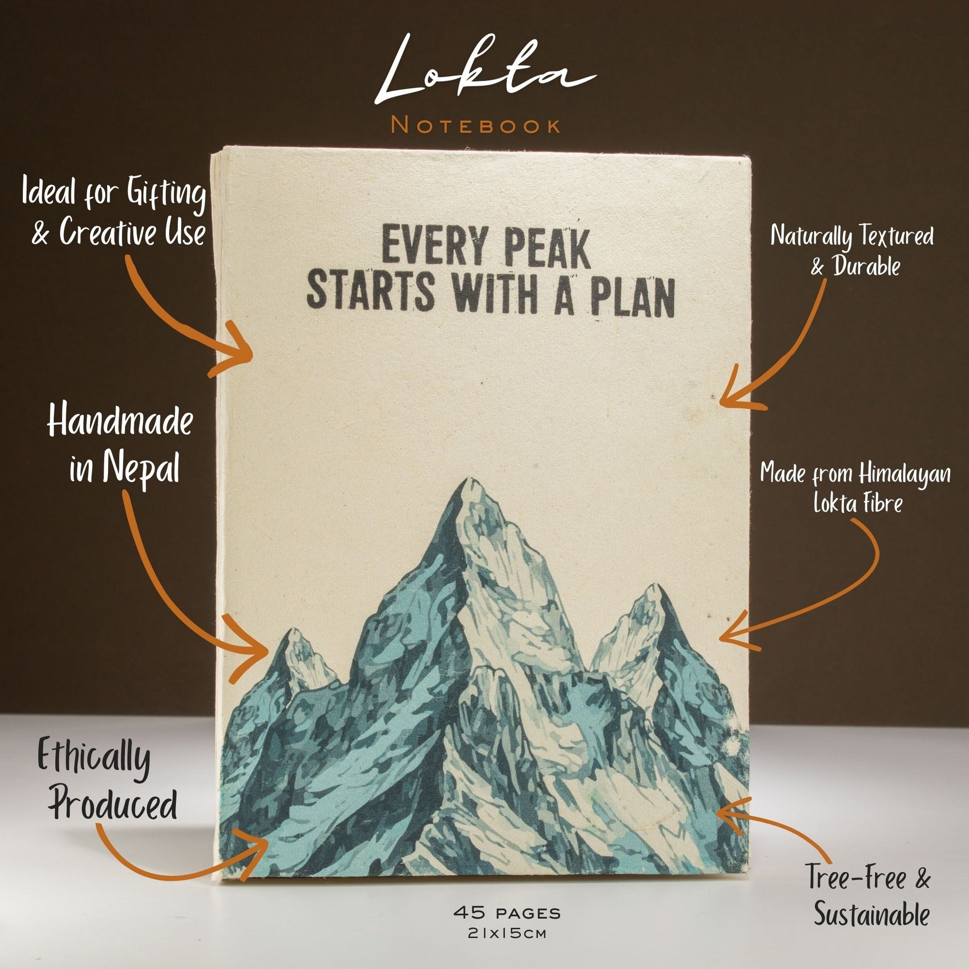 A5 Eco-Friendly Lokta Paper Journal inc Bookmark - Every Peak Starts with a Plan product packaging on clean background from Quintessential Holistic Health Ltd