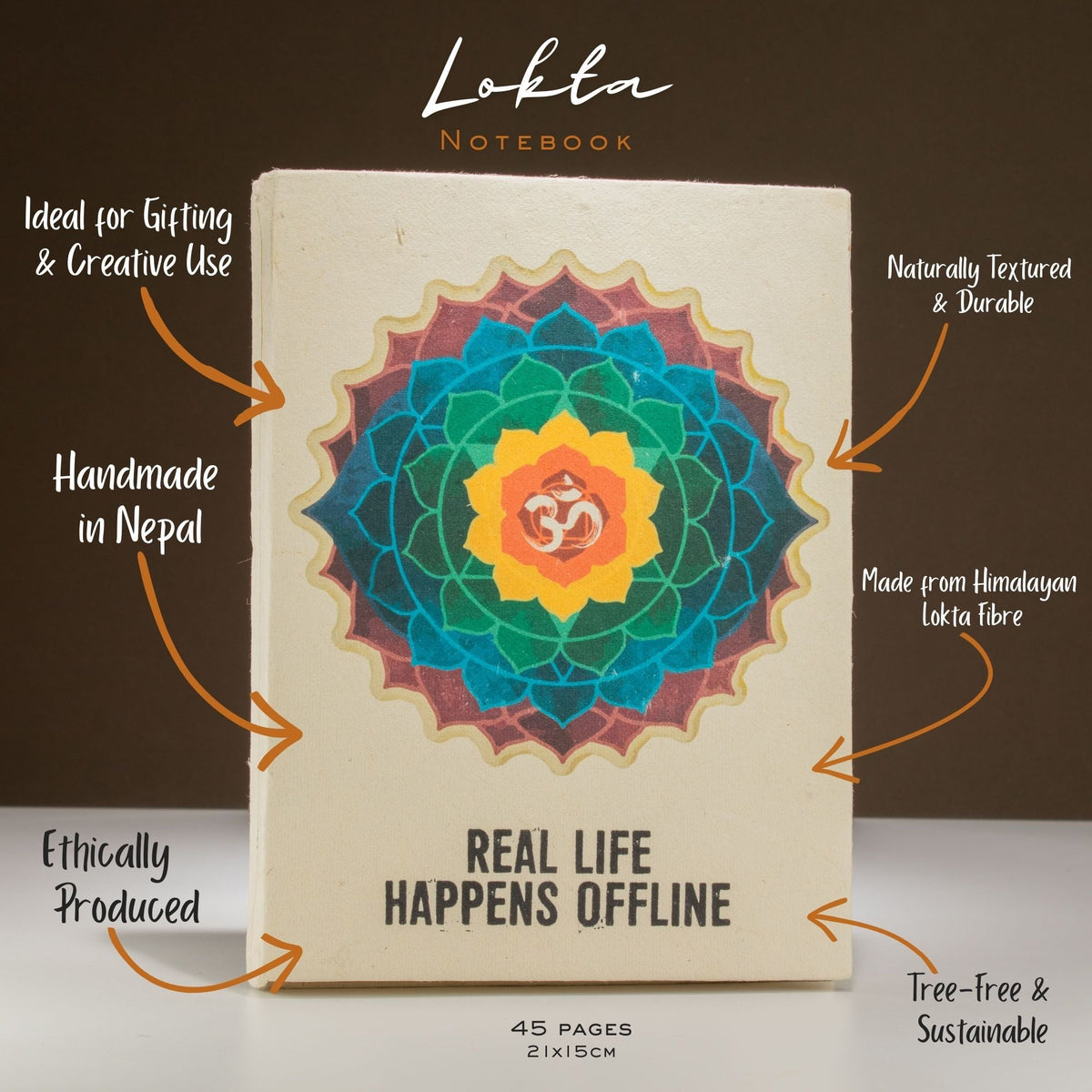 A5 Lokta Paper Journal & Bookmark - Real Life Happens Offline shown with handwritten feature annotations around the mandala cover by Quintessential Holistic Health Ltd