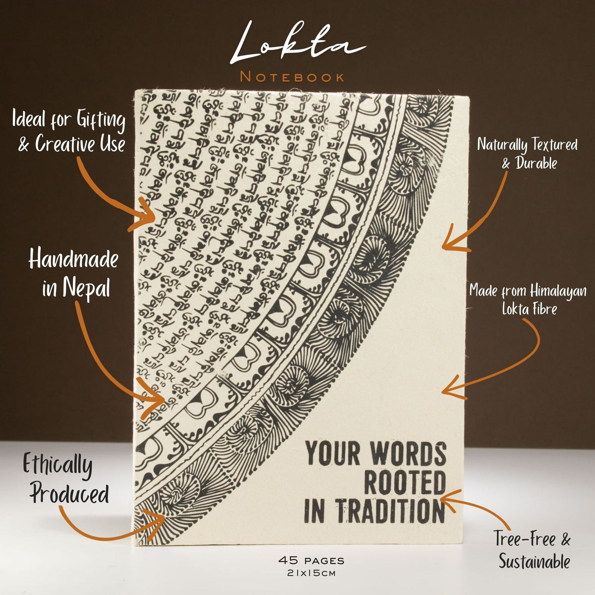 A5 Lokta Paper Journal & Bookmark - Your Words, Rooted in Tradition, with orange feature callouts around the cream cover, by Quintessential Holistic Health Ltd