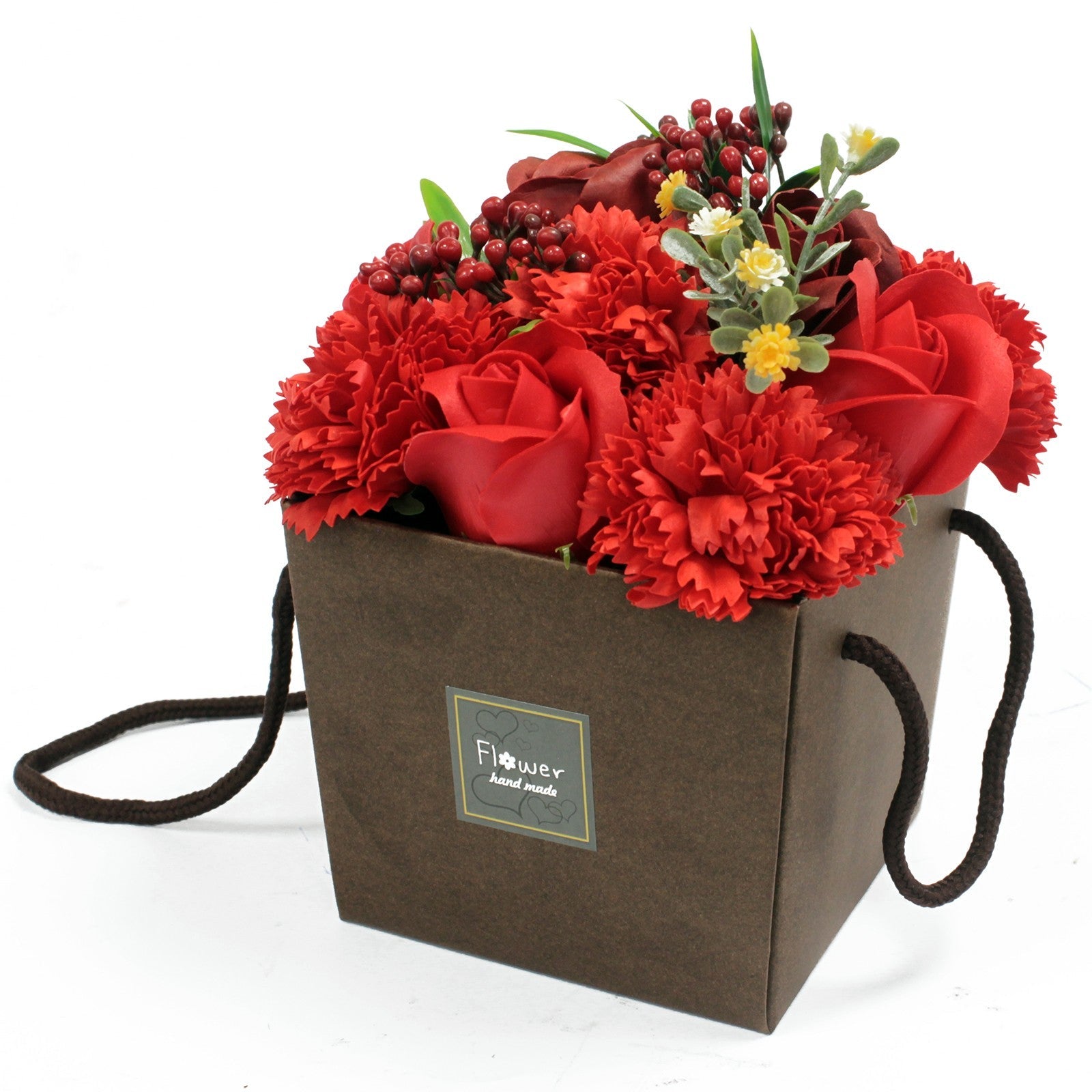 Luxury Soap Flower Bouquet Box - Reds, with red roses, ruffled red blooms, berry clusters and green foliage in a dark brown box, by Quintessential Holistic Health Ltd