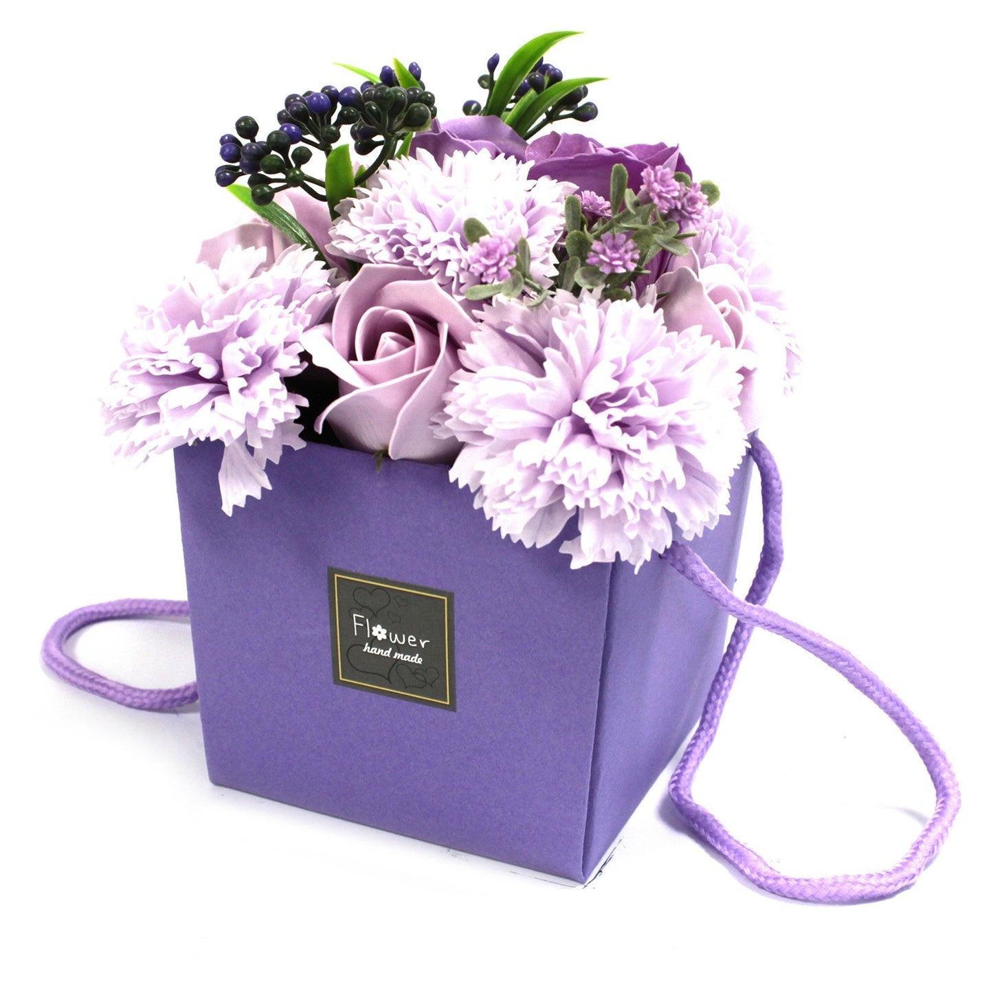 Luxury Soap Flower Bouquet Box - Lavenders and Purples product packaging on clean background from Quintessential Holistic Health Ltd