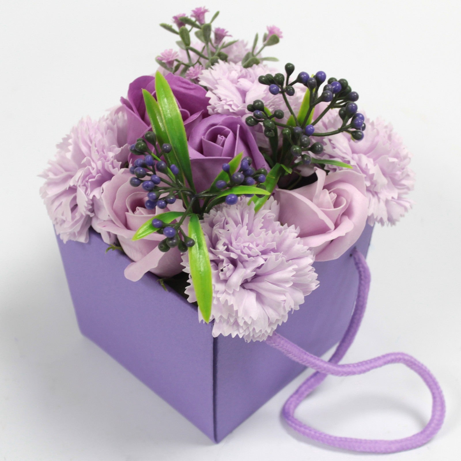 Luxury Soap Flower Bouquet Box - Lavenders and Purples product packaging on clean background from Quintessential Holistic Health Ltd