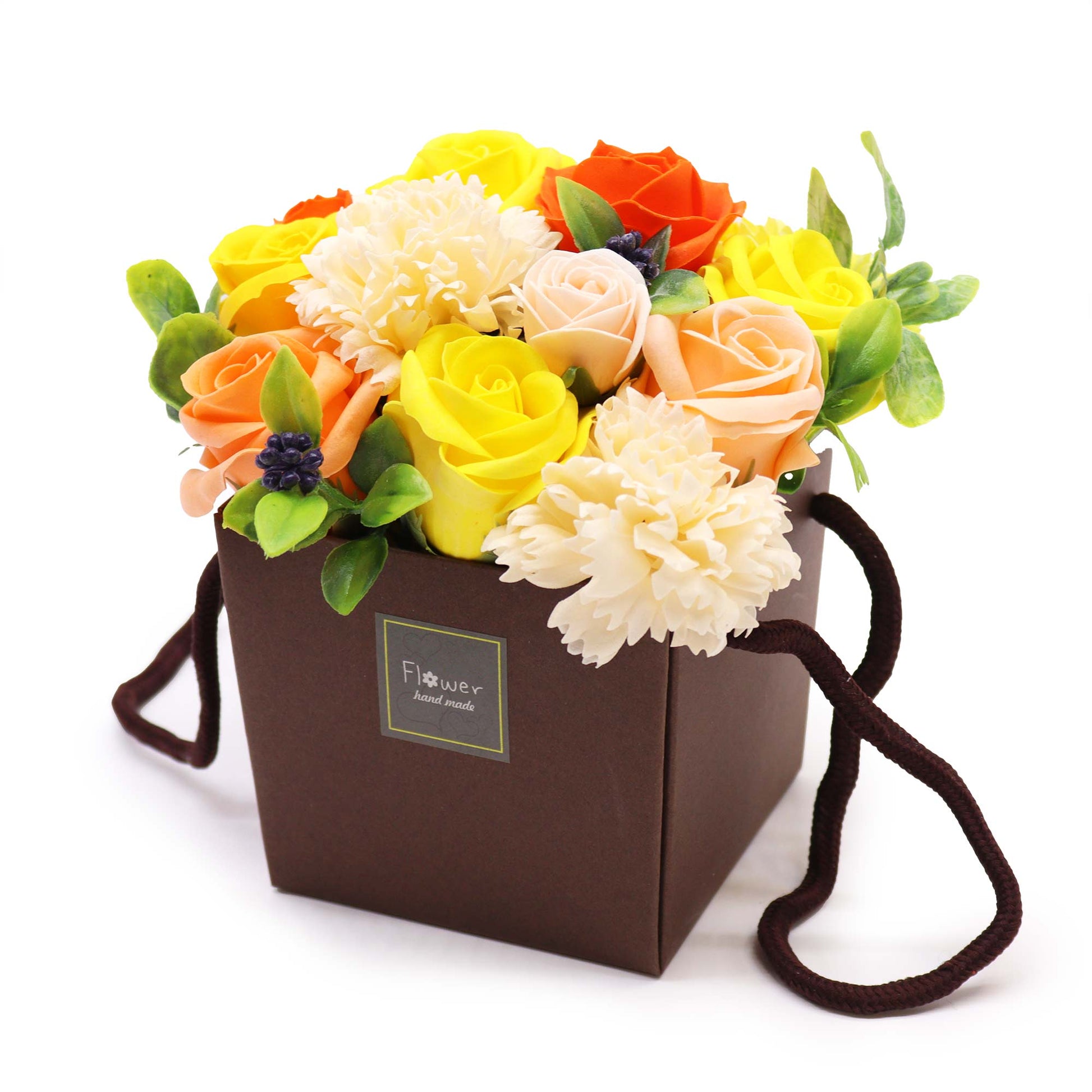 Luxury Soap Flower Bouquet Box - Yellows and Oranges product packaging on clean background from Quintessential Holistic Health Ltd