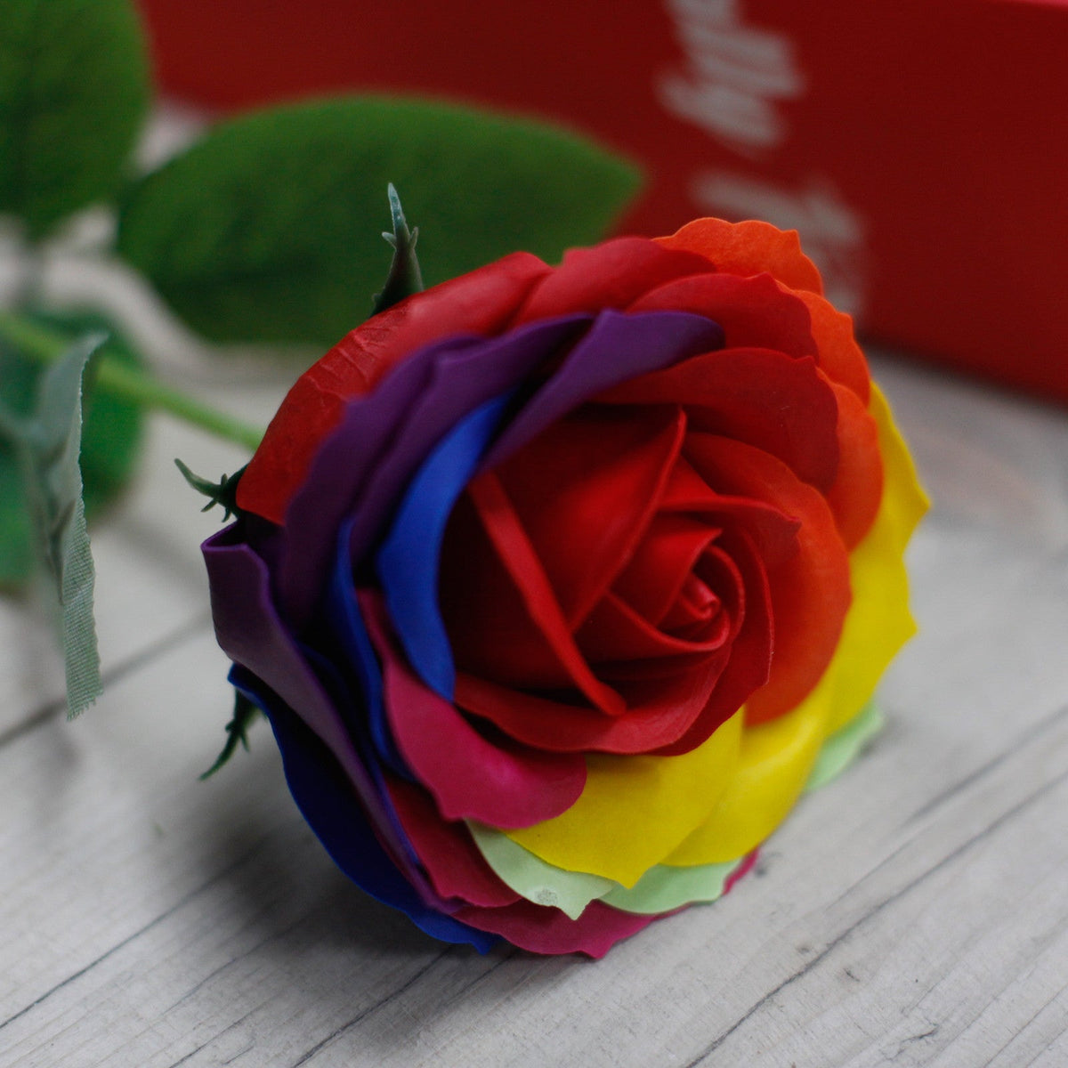 Luxury Soap Rose - Rainbow with tightly layered red, blue, purple and yellow petals and green leaves by Quintessential Holistic Health Ltd