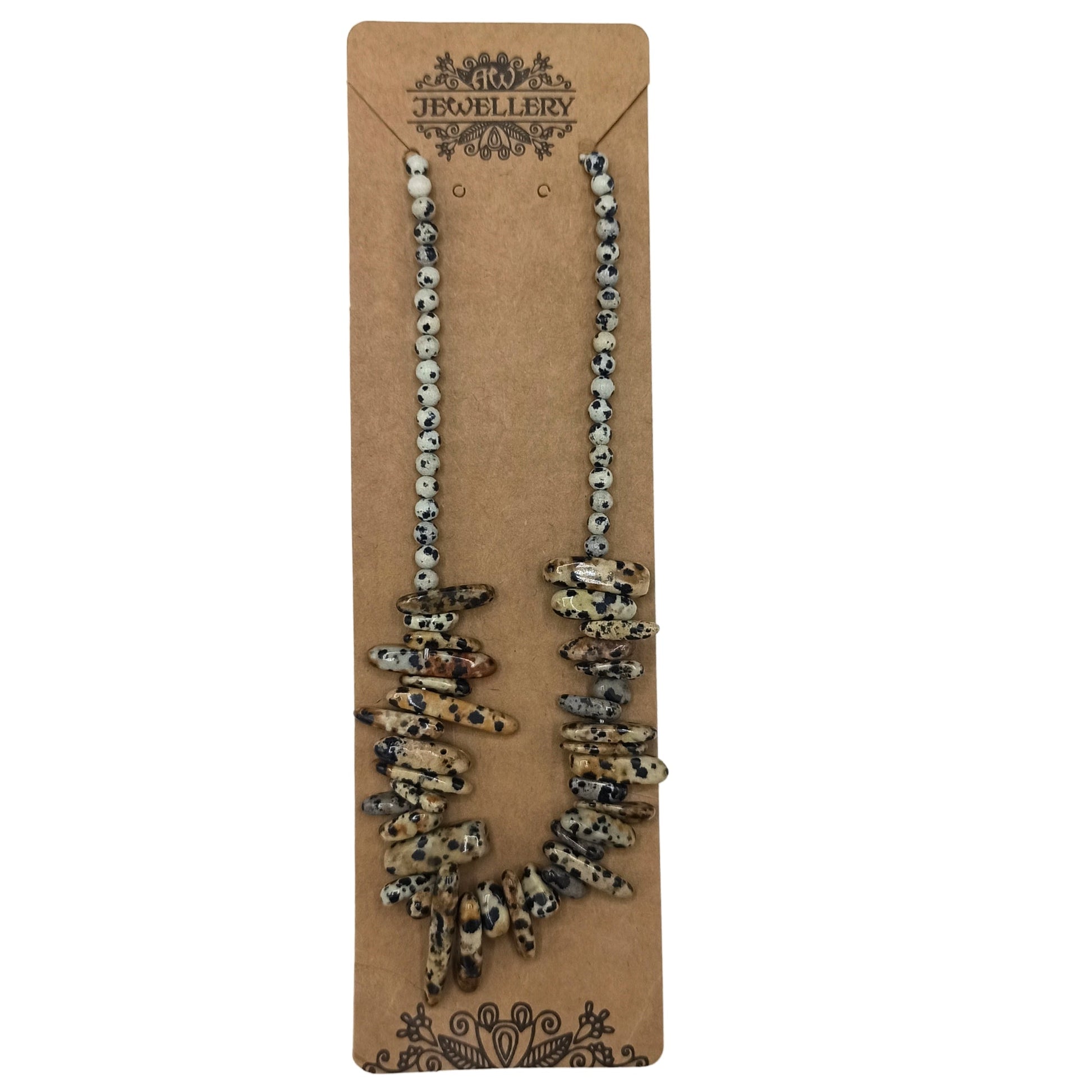Longstone Gem Necklace - Dalmatian Stone product packaging on clean background from Quintessential Holistic Health Ltd