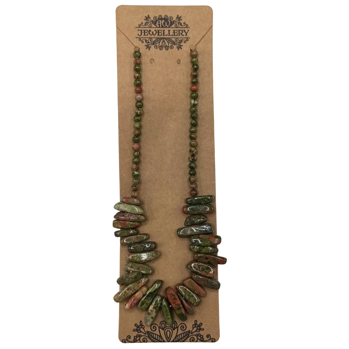 Longstone Gem Necklace - Unakite product packaging on clean background from Quintessential Holistic Health Ltd