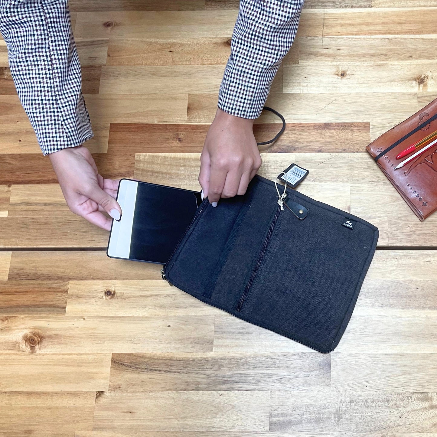Handcrafted Jute and Cotton Tablet Pouch - Small / Stonewashed Charcoal product packaging on clean background from Quintessential Holistic Health Ltd