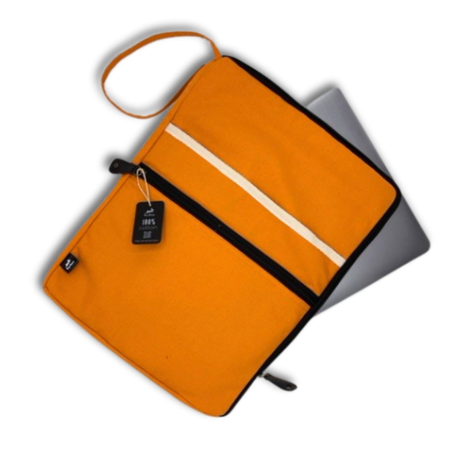 Handcrafted Jute and Cotton Laptop Pouch - Large / Orange product packaging on clean background from Quintessential Holistic Health Ltd