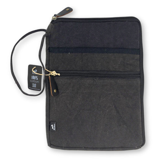 Handcrafted Jute and Cotton Laptop Pouch - Large / Stonewashed Charcoal product packaging on clean background from Quintessential Holistic Health Ltd