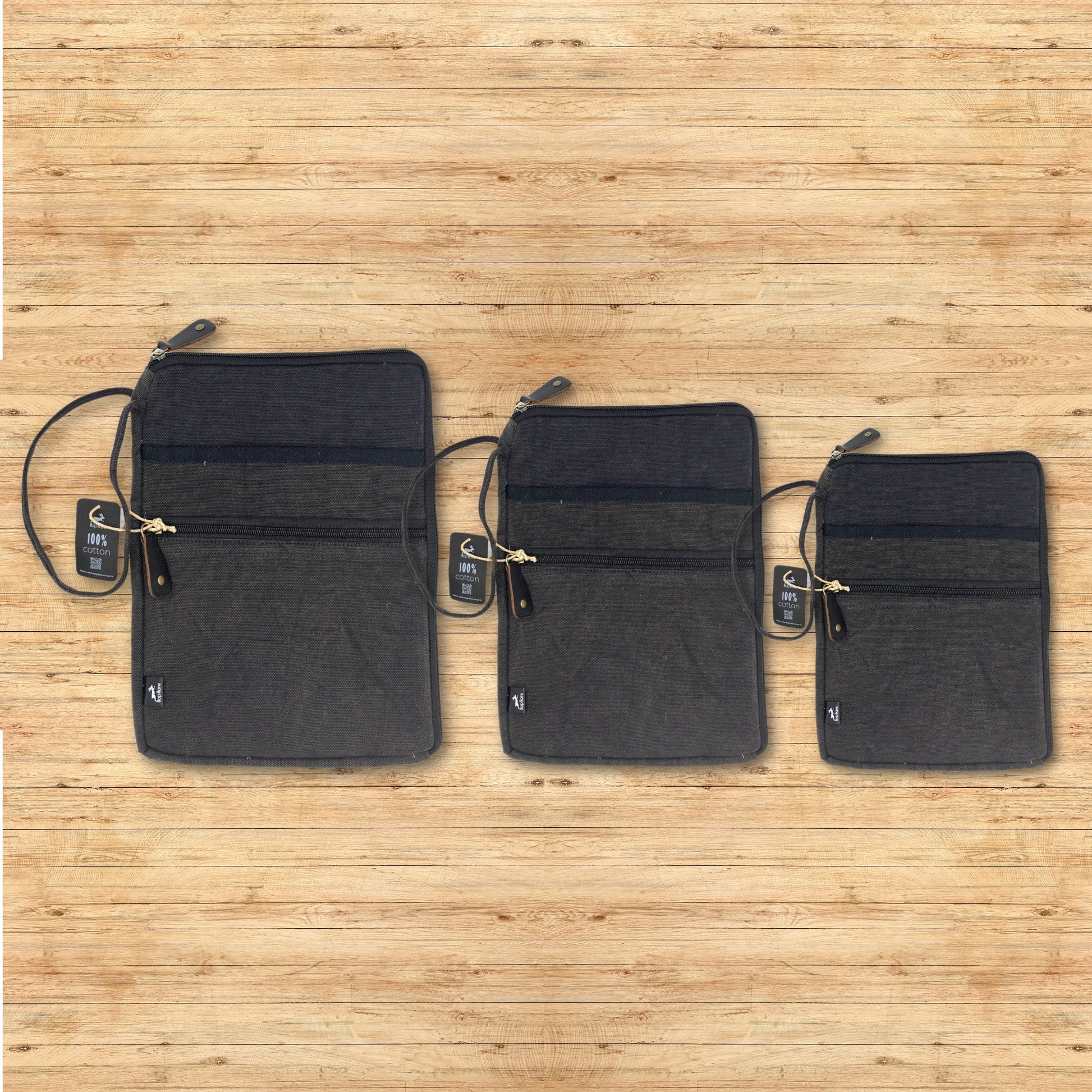 Handcrafted Jute and Cotton Laptop Pouch - Large / Stonewashed Charcoal product packaging on clean background from Quintessential Holistic Health Ltd