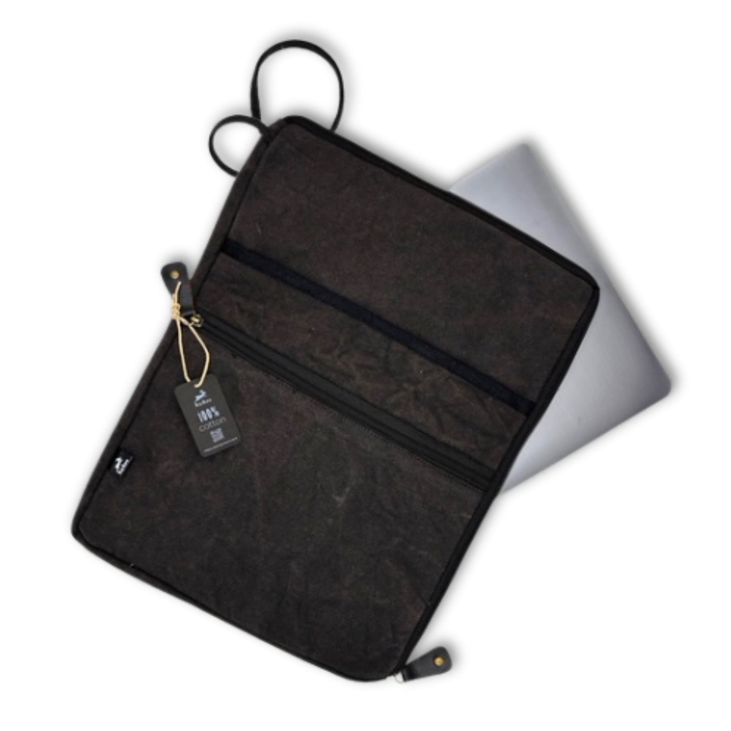 Handcrafted Jute and Cotton Laptop Pouch - Large / Stonewashed Charcoal product packaging on clean background from Quintessential Holistic Health Ltd