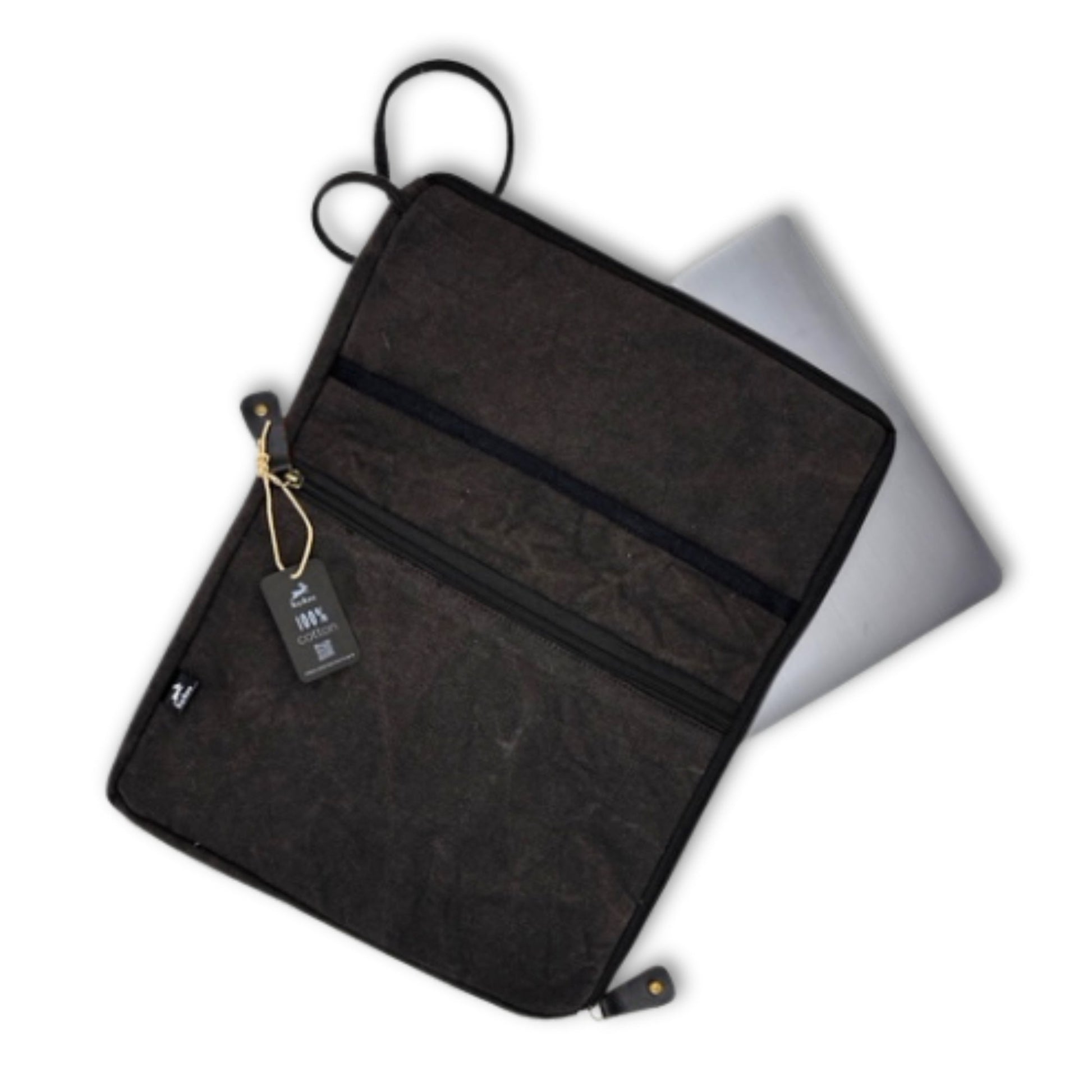 Handcrafted Jute and Cotton Laptop Pouch - Large / Stonewashed Charcoal product packaging on clean background from Quintessential Holistic Health Ltd