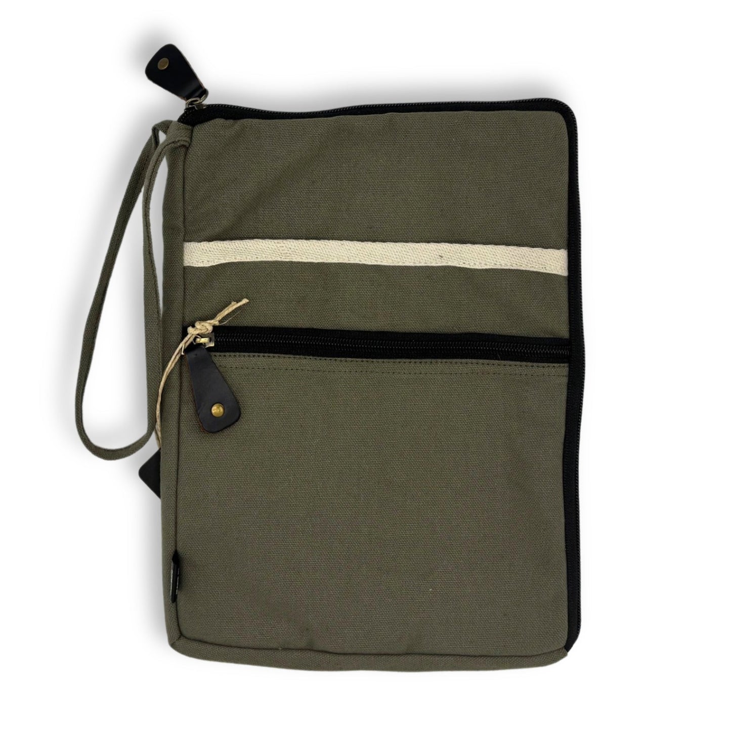 Handcrafted Jute and Cotton Laptop Pouch - Large / Olive product packaging on clean background from Quintessential Holistic Health Ltd