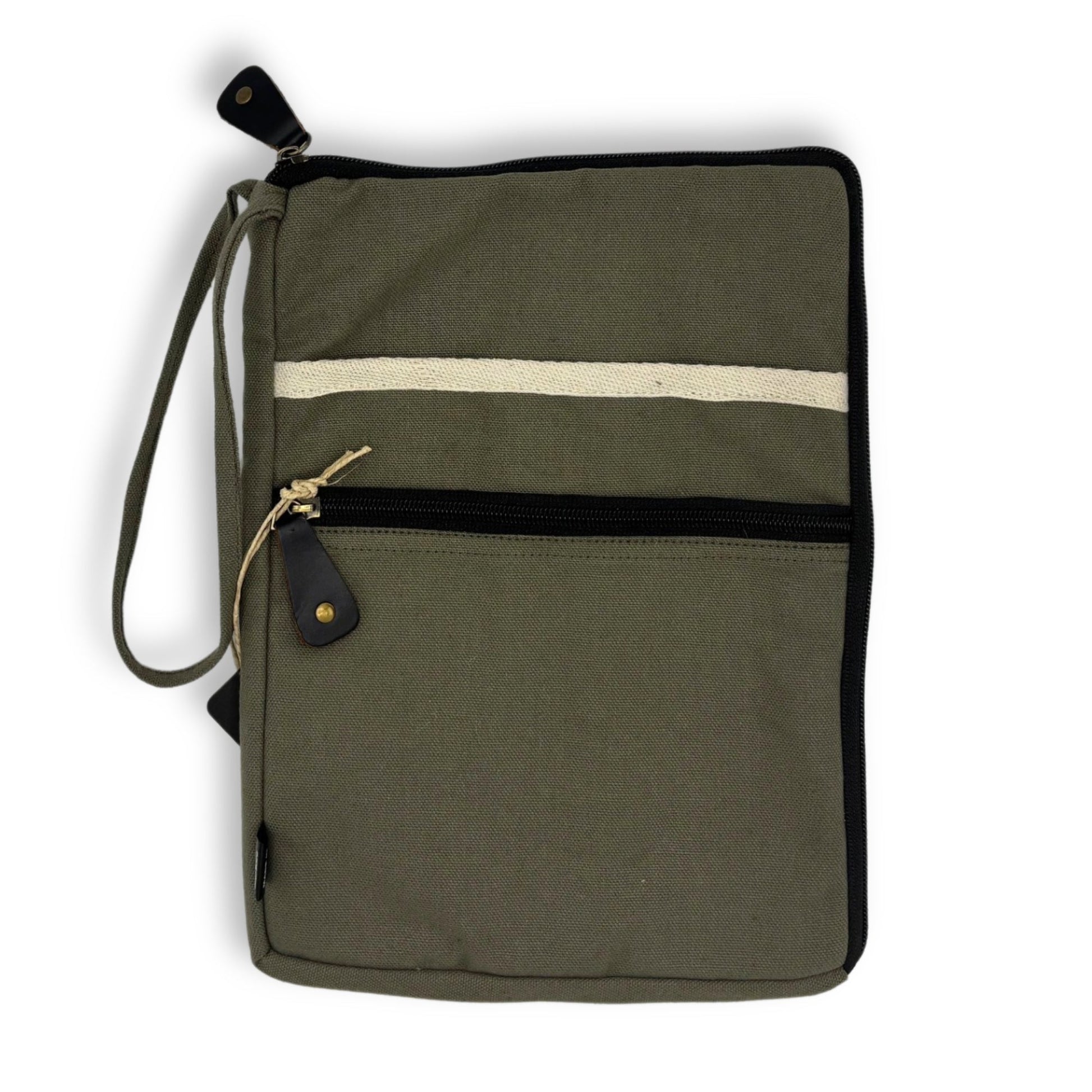 Handcrafted Jute and Cotton Laptop Pouch - Large / Olive product packaging on clean background from Quintessential Holistic Health Ltd