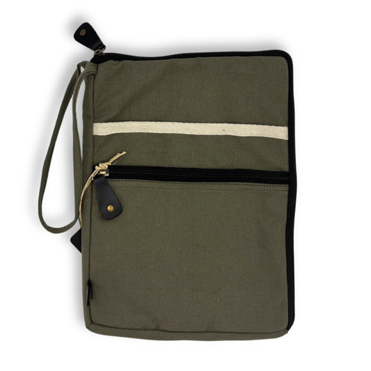 Handcrafted Jute and Cotton Laptop Pouch - Large / Olive product packaging on clean background from Quintessential Holistic Health Ltd
