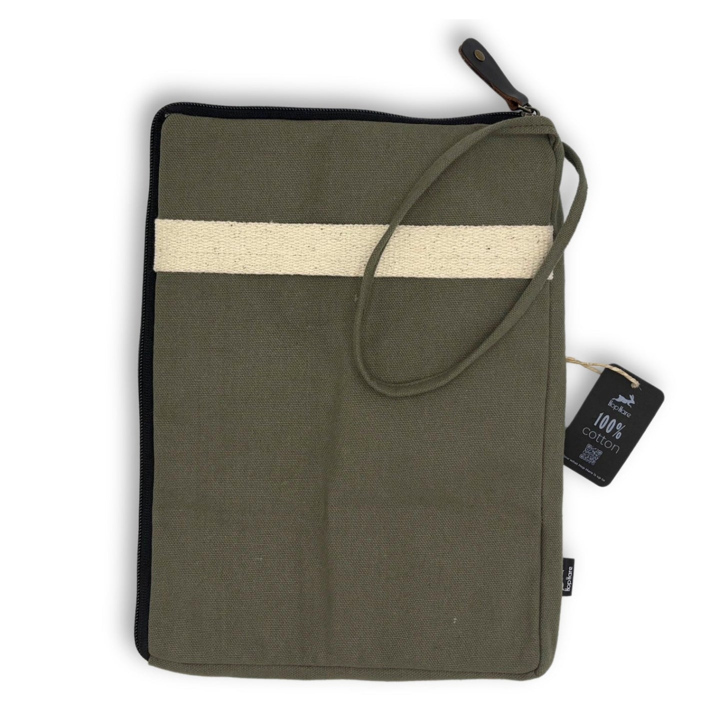 Handcrafted Jute and Cotton Laptop Pouch - Large / Olive product packaging on clean background from Quintessential Holistic Health Ltd