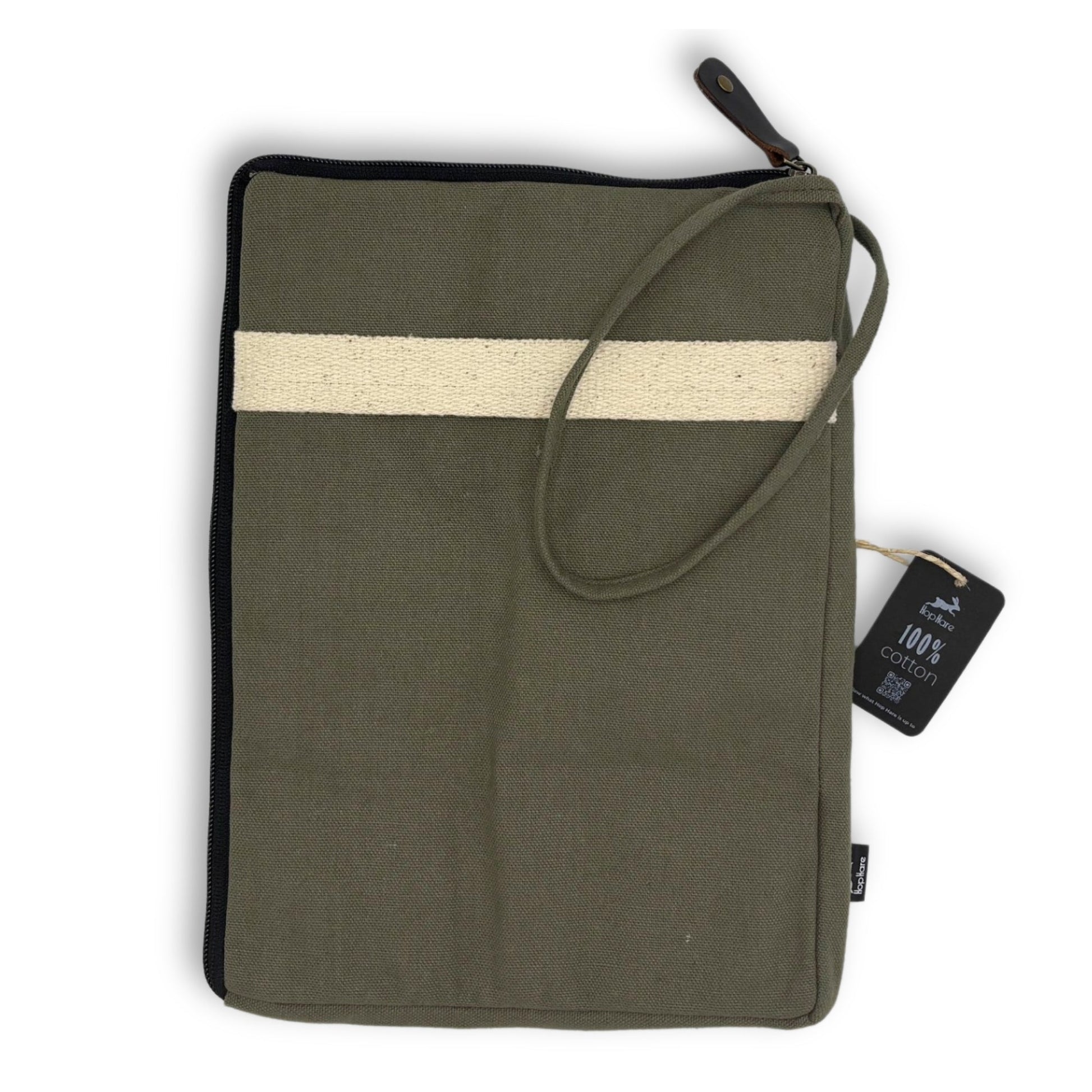Handcrafted Jute and Cotton Laptop Pouch - Large / Olive product packaging on clean background from Quintessential Holistic Health Ltd