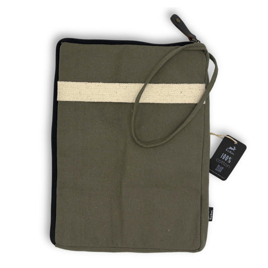 Handcrafted Jute and Cotton Laptop Pouch - Large / Olive product packaging on clean background from Quintessential Holistic Health Ltd