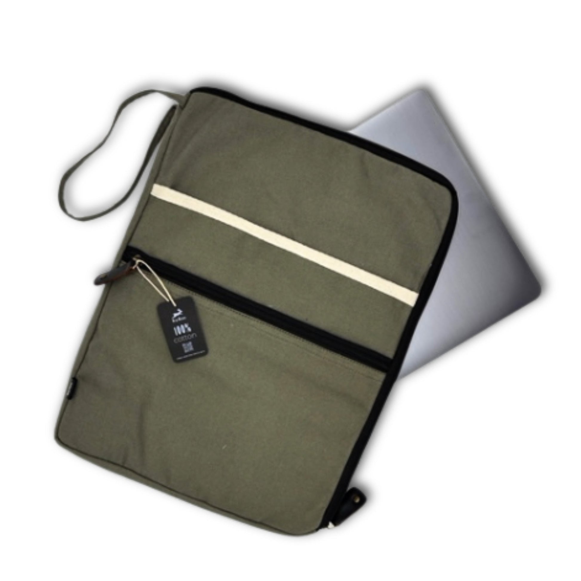 Handcrafted Jute and Cotton Laptop Pouch - Large / Olive product packaging on clean background from Quintessential Holistic Health Ltd