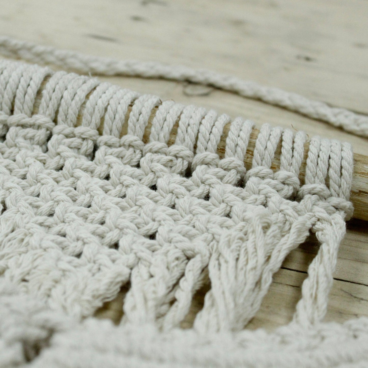 Handcrafted Cotton Macramé Wall Hanging - Force of Nature, close-up of square-knot rows and looped fringe by Quintessential Holistic Health Ltd