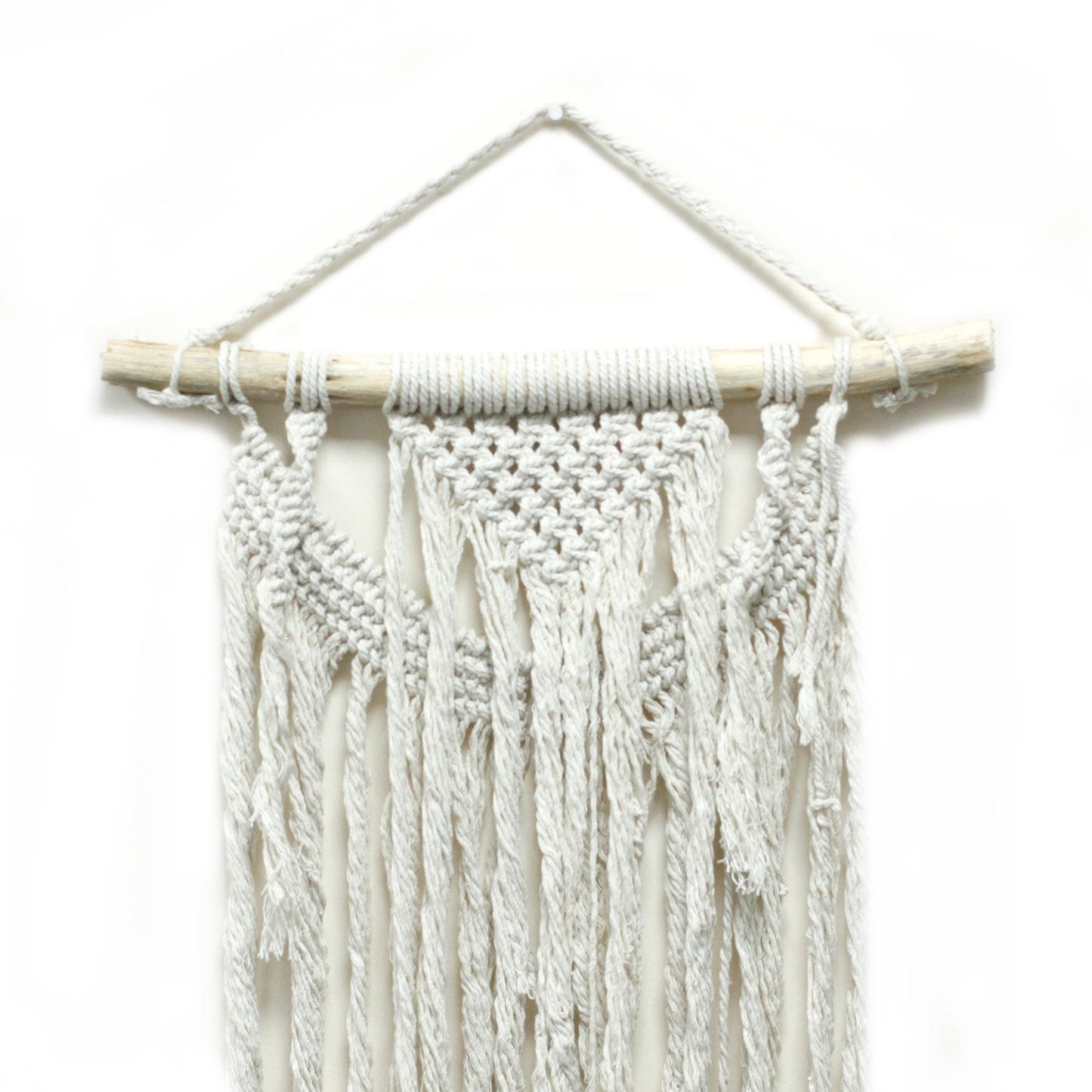 Handcrafted Cotton Macramé Wall Hanging - Force of Nature, layered V-shaped knots, looped side details and long fringe by Quintessential Holistic Health Ltd