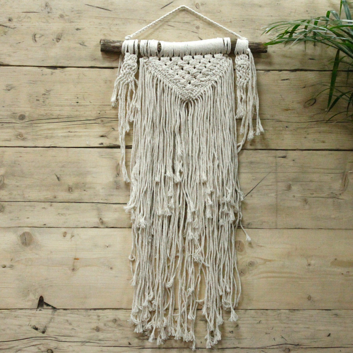Handcrafted Cotton Macramé Wall Hanging - Natural Abundance, V-shaped knotted panel with very long gathered fringe by Quintessential Holistic Health Ltd