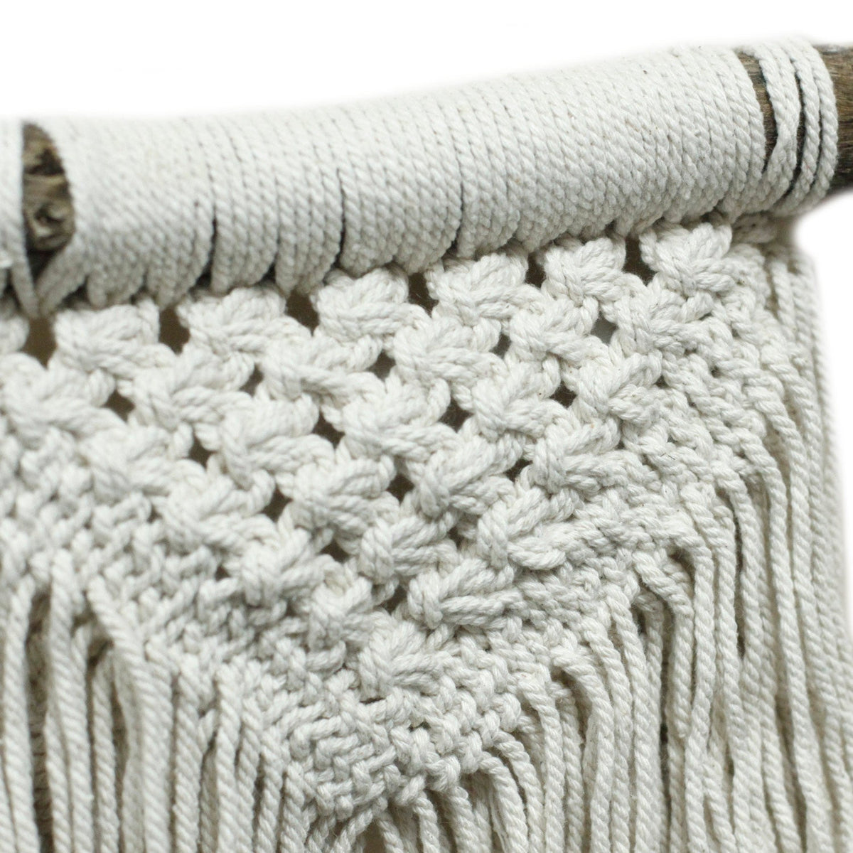 Handcrafted Cotton Macramé Wall Hanging - Natural Abundance, close-up of square knots, a central chevron and straight fringe by Quintessential Holistic Health Ltd