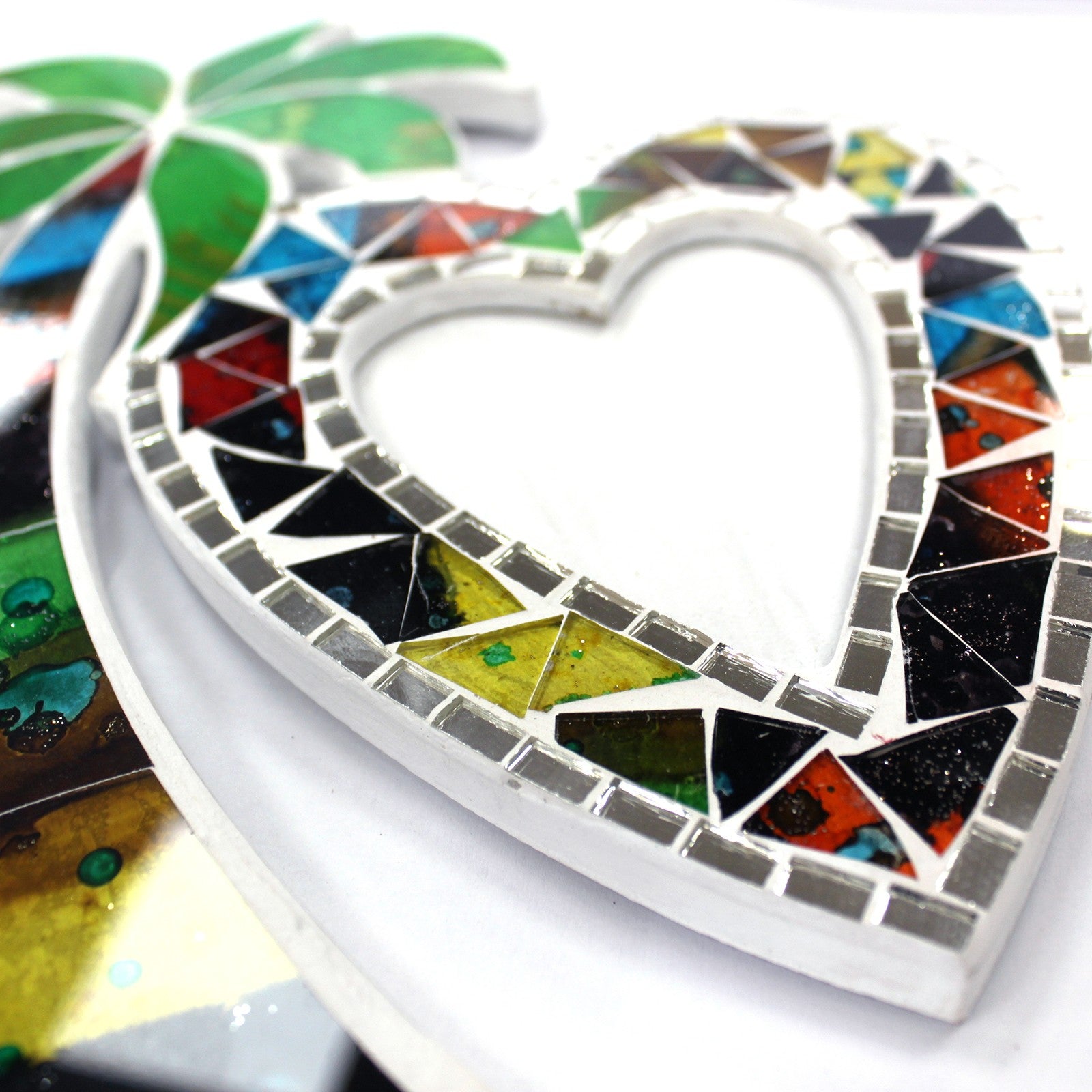 Handmade Glass Mosaic Picture Frame - Hearts and Coconut Trees / Double product packaging on clean background from Quintessential Holistic Health Ltd