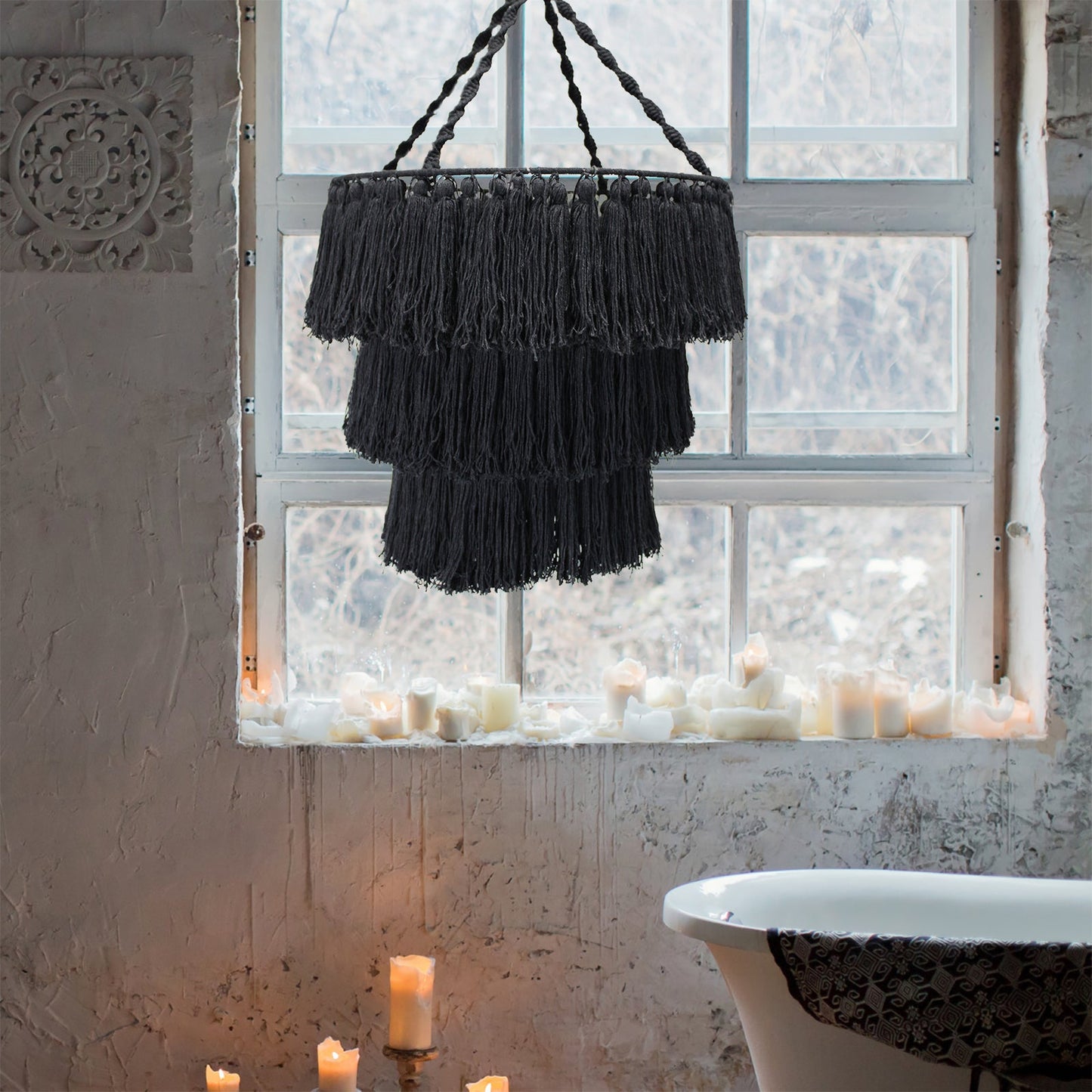 Handcrafted Macrame Soft Cotton Chandelier - Black product packaging on clean background from Quintessential Holistic Health Ltd