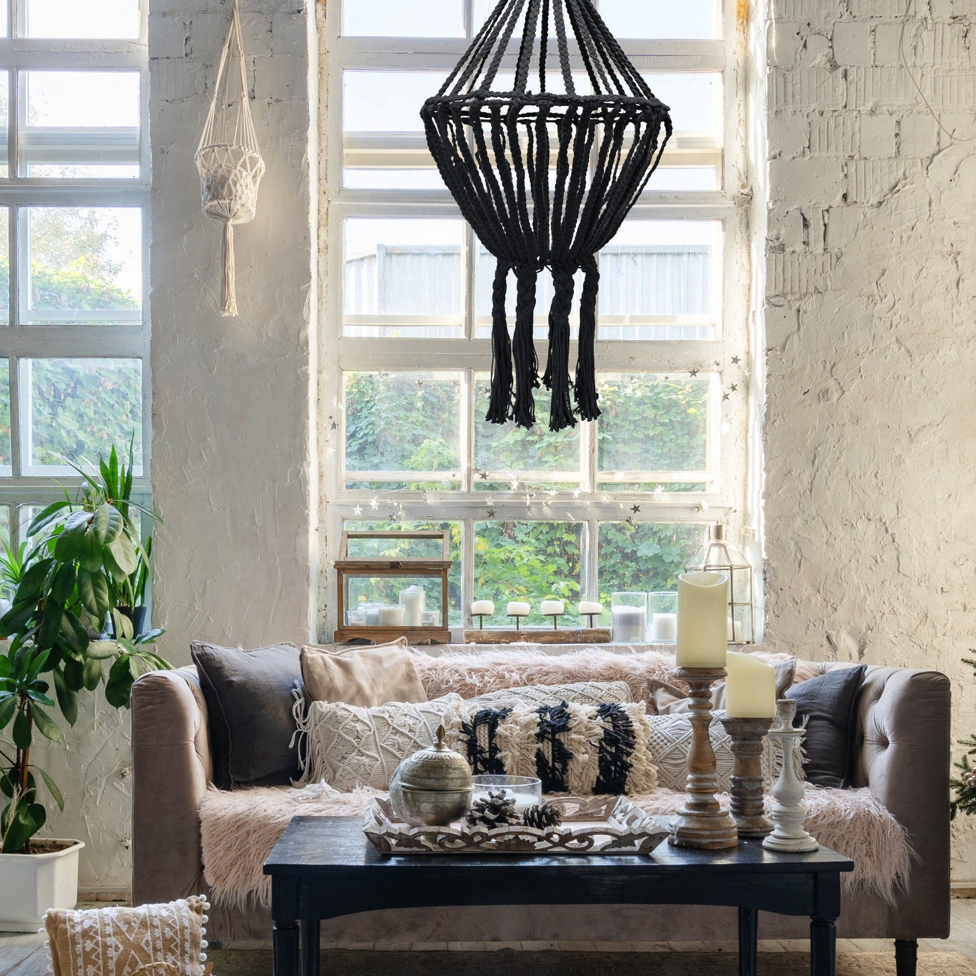 Handcrafted Macrame Soft Cotton Drop Chandelier - Black product packaging on clean background from Quintessential Holistic Health Ltd
