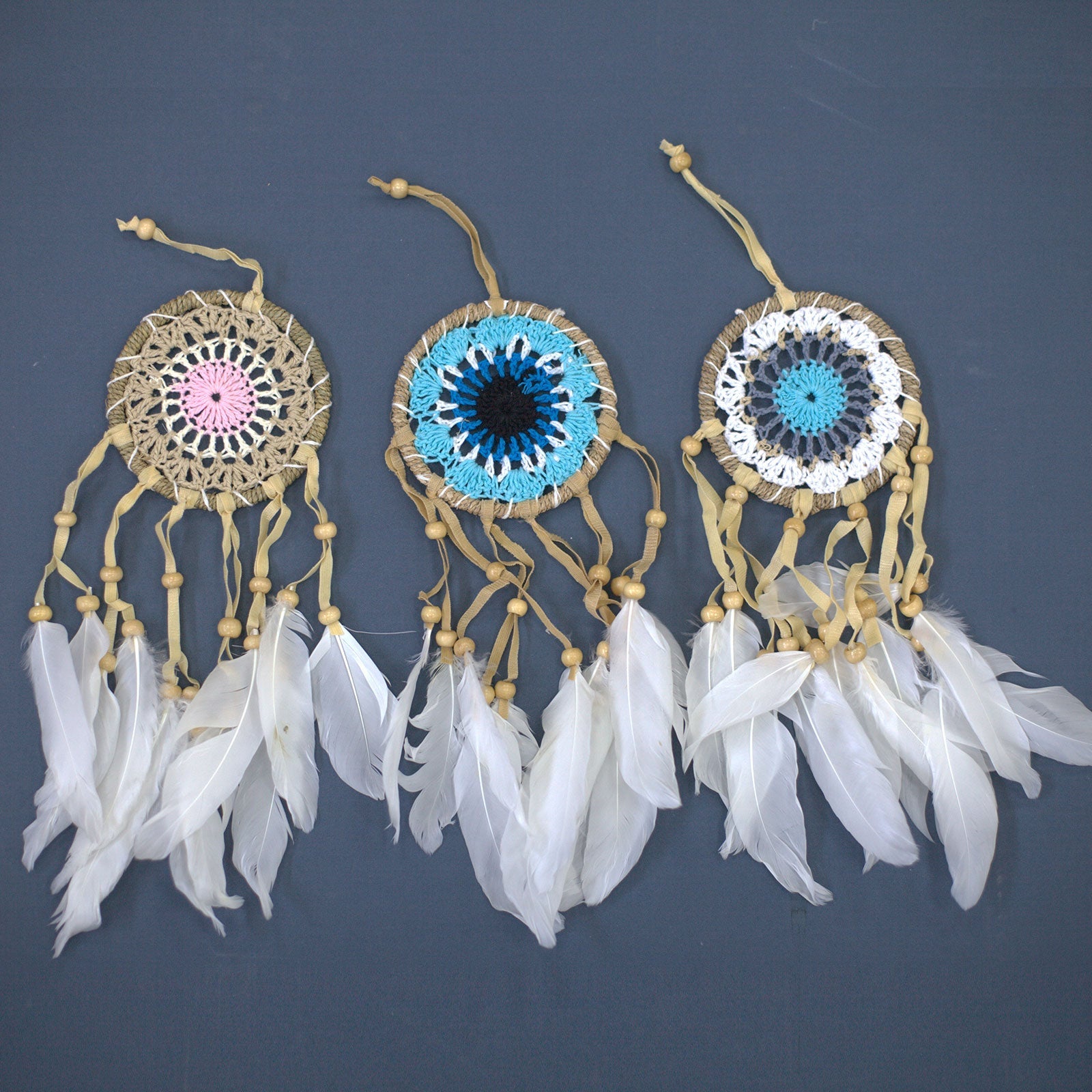 6 x Hand Crafted Macrame Dreamcatchers - Small / Assorted / Pastel Blues product packaging on clean background from Quintessential Holistic Health Ltd