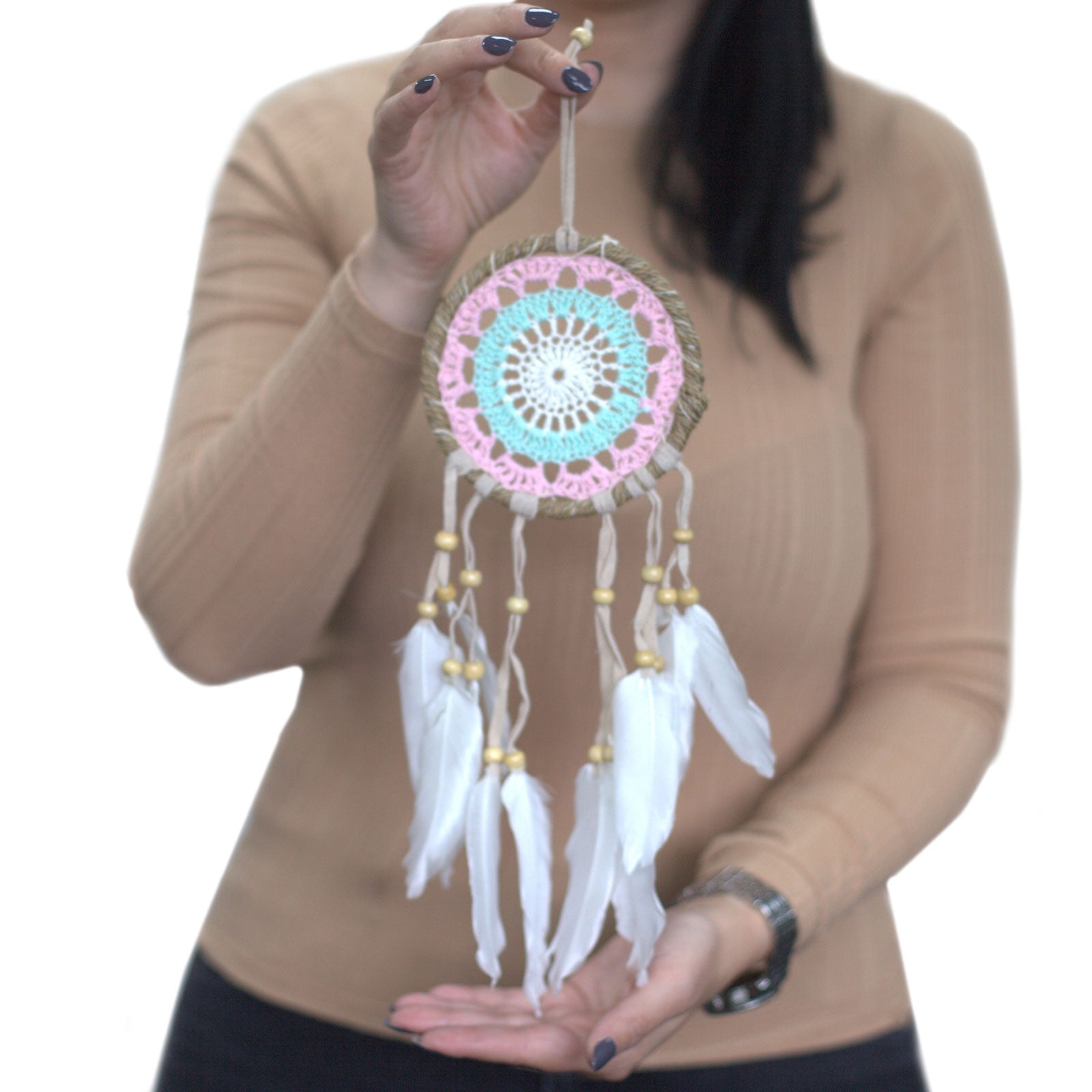 6 x Hand Crafted Macrame Dreamcatchers - Medium / Assorted / Pastel Blues product packaging on clean background from Quintessential Holistic Health Ltd