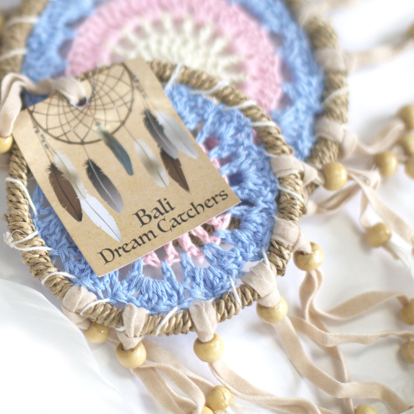 6 x Hand Crafted Macrame Dreamcatchers - Large / Assorted / Pastel Pinks product packaging on clean background from Quintessential Holistic Health Ltd