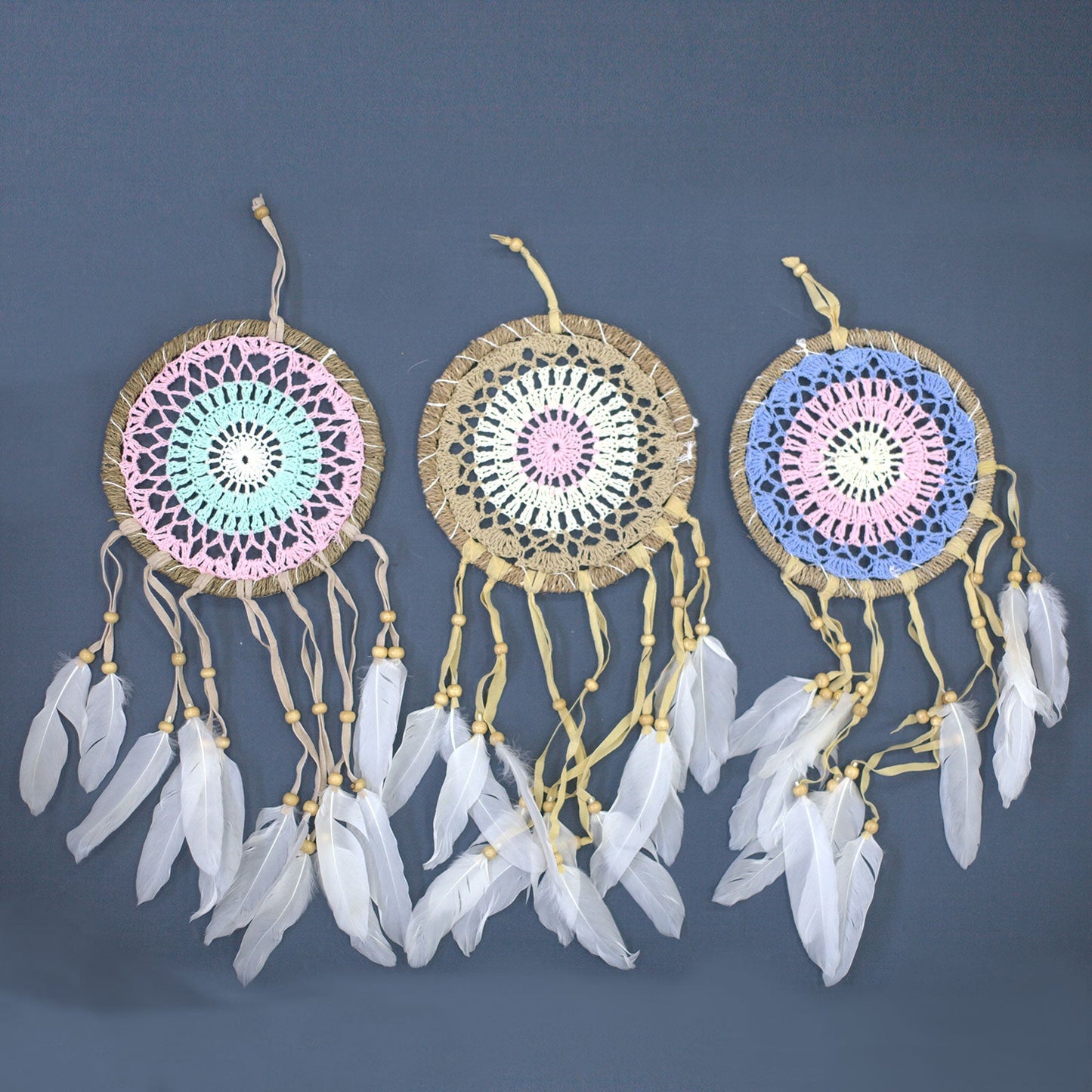 6 x Hand Crafted Macrame Dreamcatchers - Large / Assorted / Pastel Pinks product packaging on clean background from Quintessential Holistic Health Ltd
