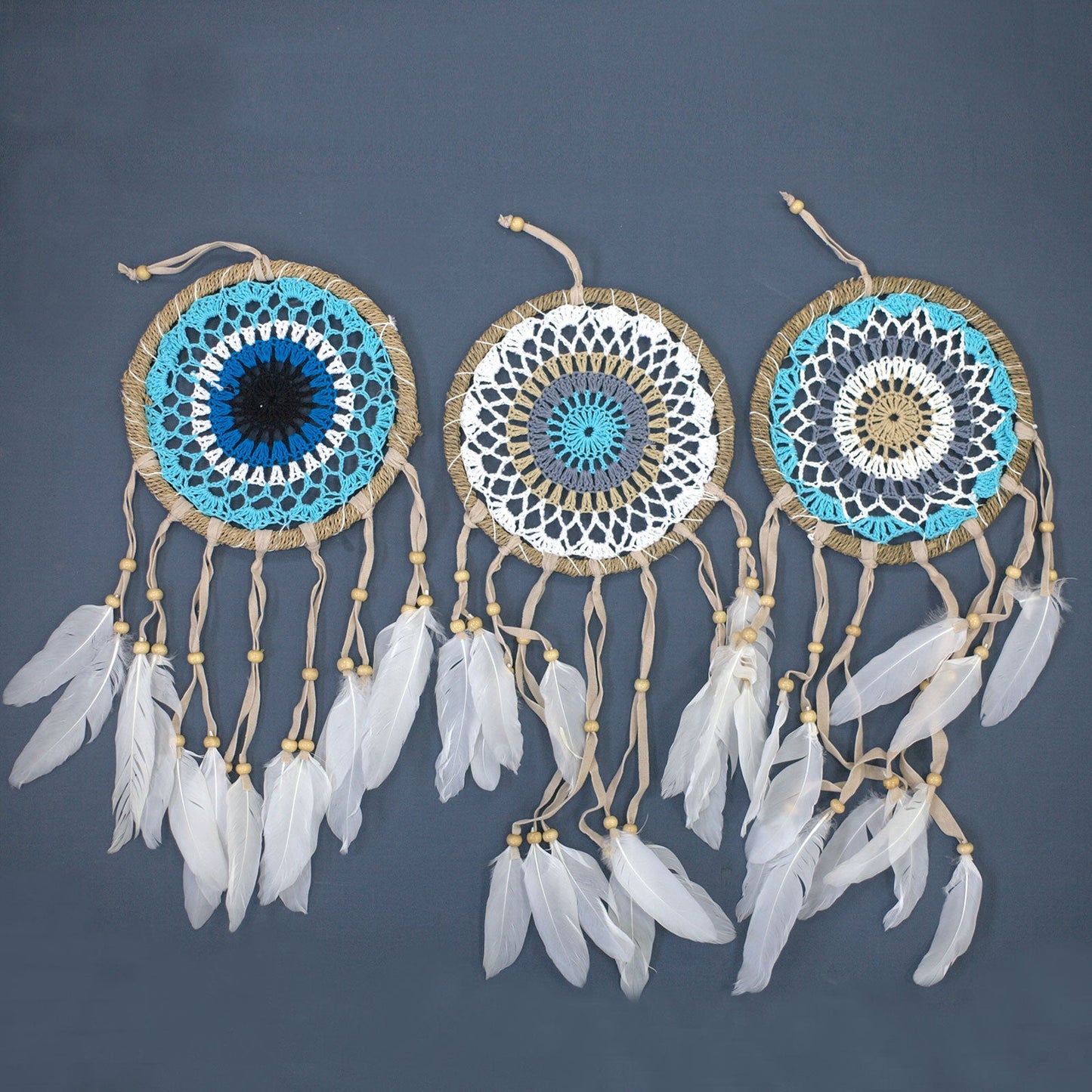 6 x Hand Crafted Macrame Dreamcatchers - Large / Assorted / Pastel Blues product packaging on clean background from Quintessential Holistic Health Ltd
