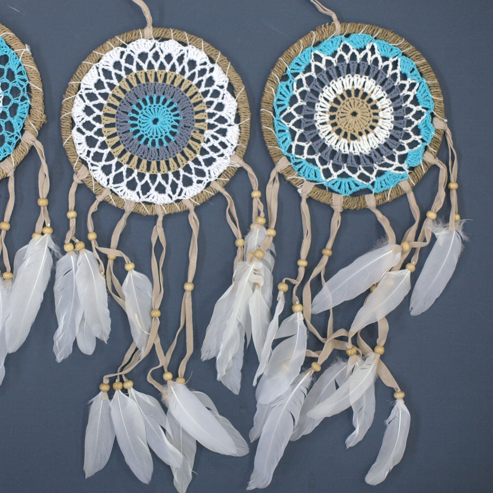 6 x Hand Crafted Macrame Dreamcatchers - Large / Assorted / Pastel Blues product packaging on clean background from Quintessential Holistic Health Ltd