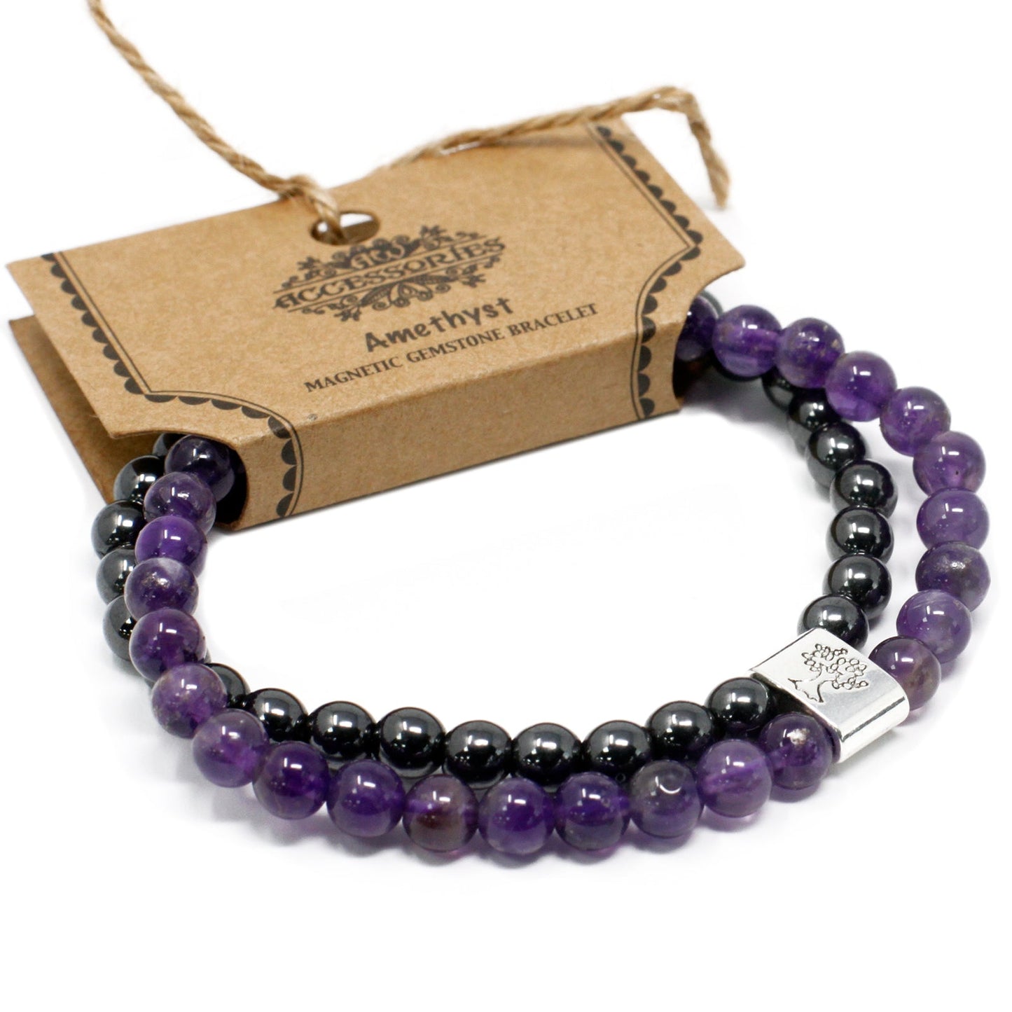 Handcrafted Gemstone Magnetic Bracelet - Amethyst / Protection and Healing product packaging on clean background from Quintessential Holistic Health Ltd