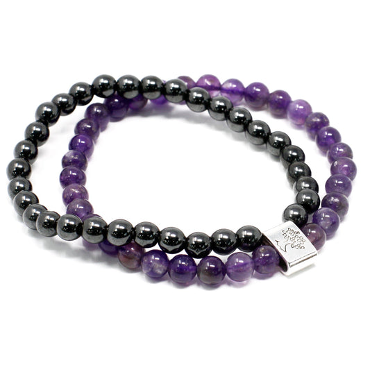 Handcrafted Gemstone Magnetic Bracelet - Amethyst / Protection and Healing product packaging on clean background from Quintessential Holistic Health Ltd