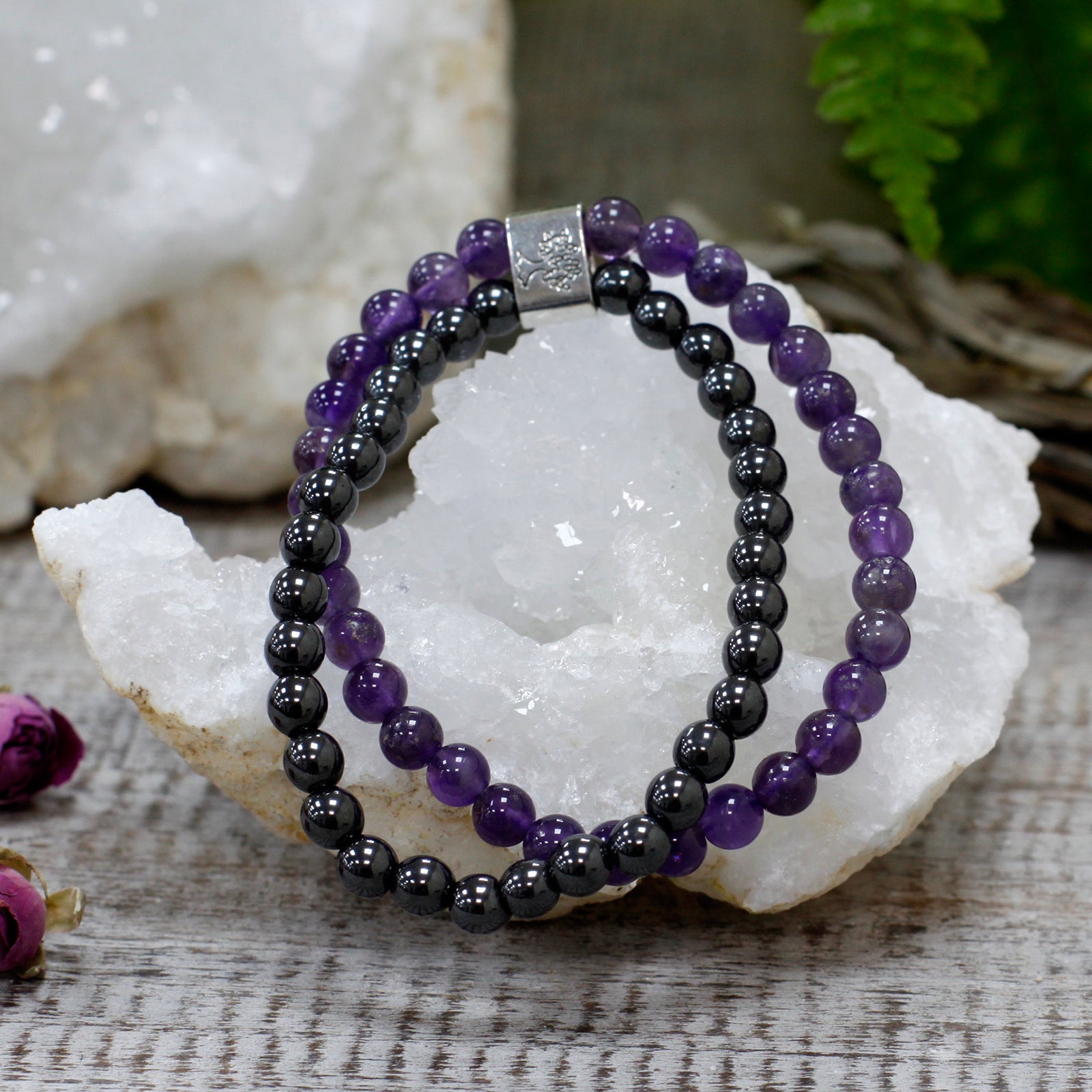 Handcrafted Gemstone Magnetic Bracelet - Amethyst / Protection and Healing product packaging on clean background from Quintessential Holistic Health Ltd