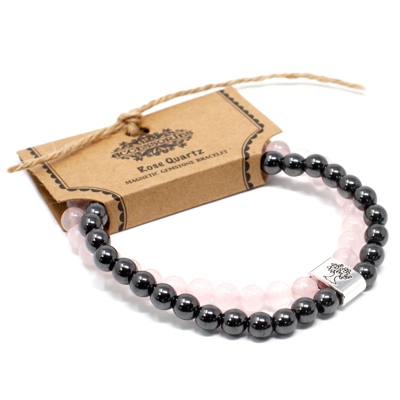 Handcrafted Gemstone Magnetic Bracelet - Rose Quartz / Love and Harmony product packaging on clean background from Quintessential Holistic Health Ltd
