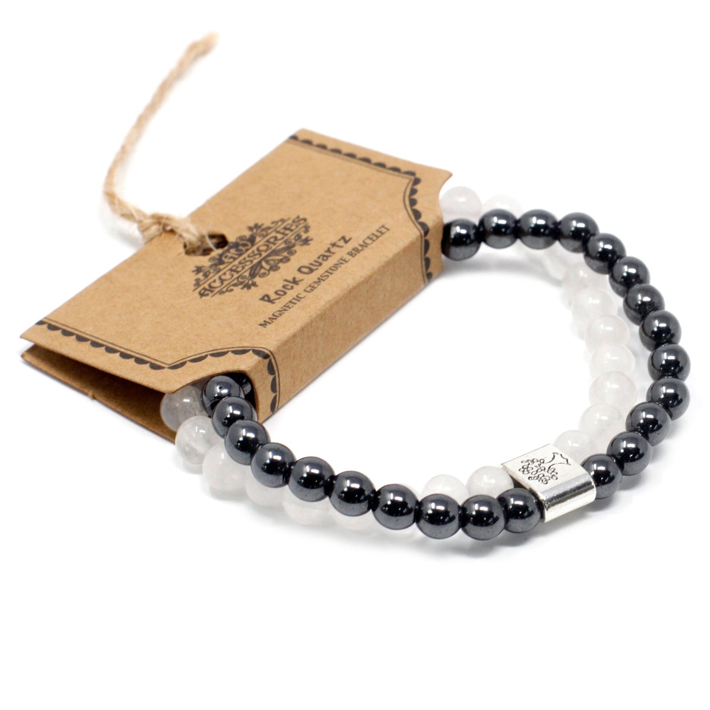 Handcrafted Gemstone Magnetic Bracelet - Rock Quartz / Clarity and Focus product packaging on clean background from Quintessential Holistic Health Ltd