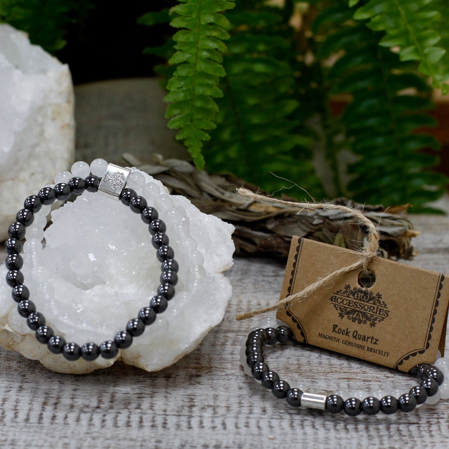 Handcrafted Gemstone Magnetic Bracelet - Rock Quartz / Clarity and Focus product packaging on clean background from Quintessential Holistic Health Ltd