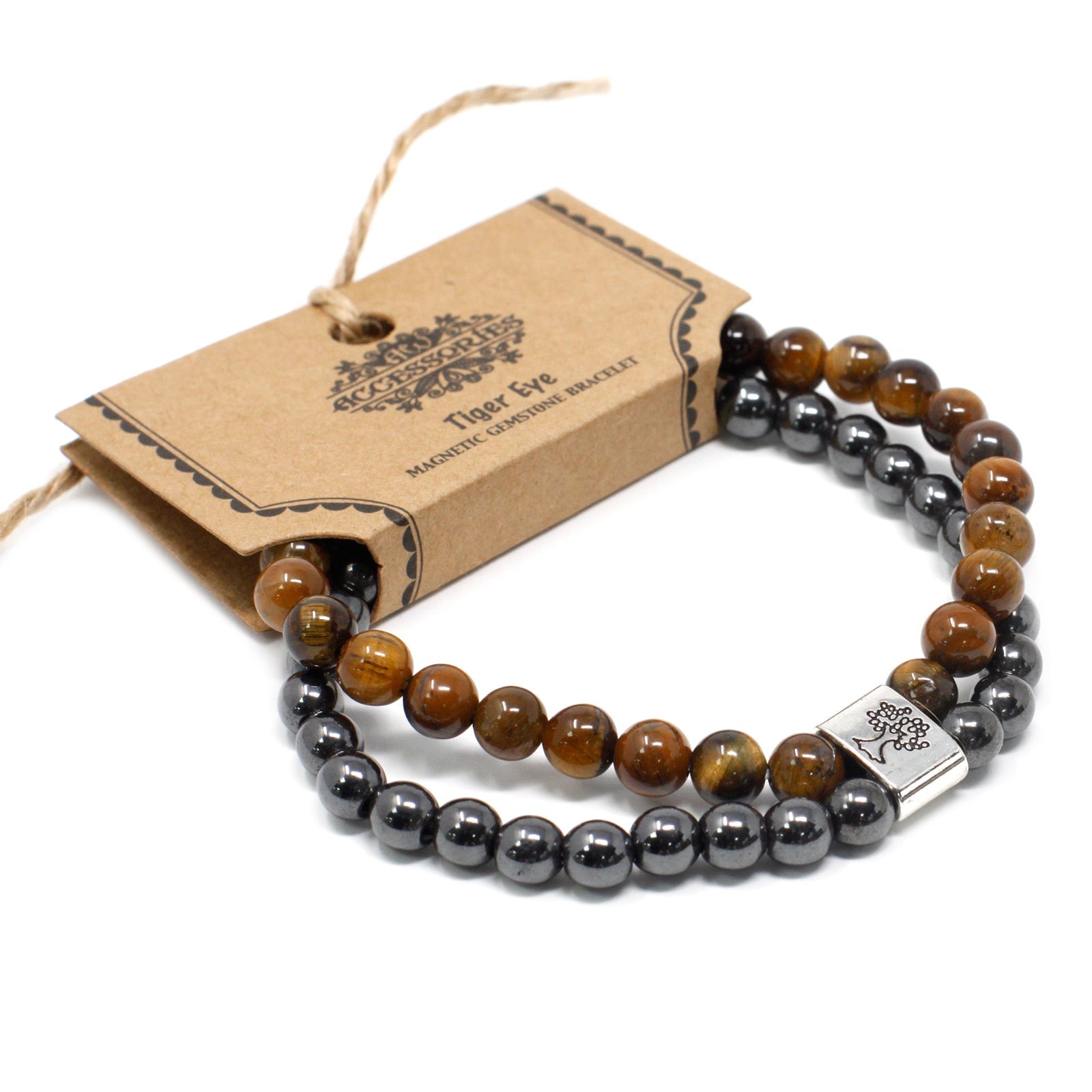 Handcrafted Gemstone Magnetic Bracelet - Tigers Eye / Confidence and Focus product packaging on clean background from Quintessential Holistic Health Ltd